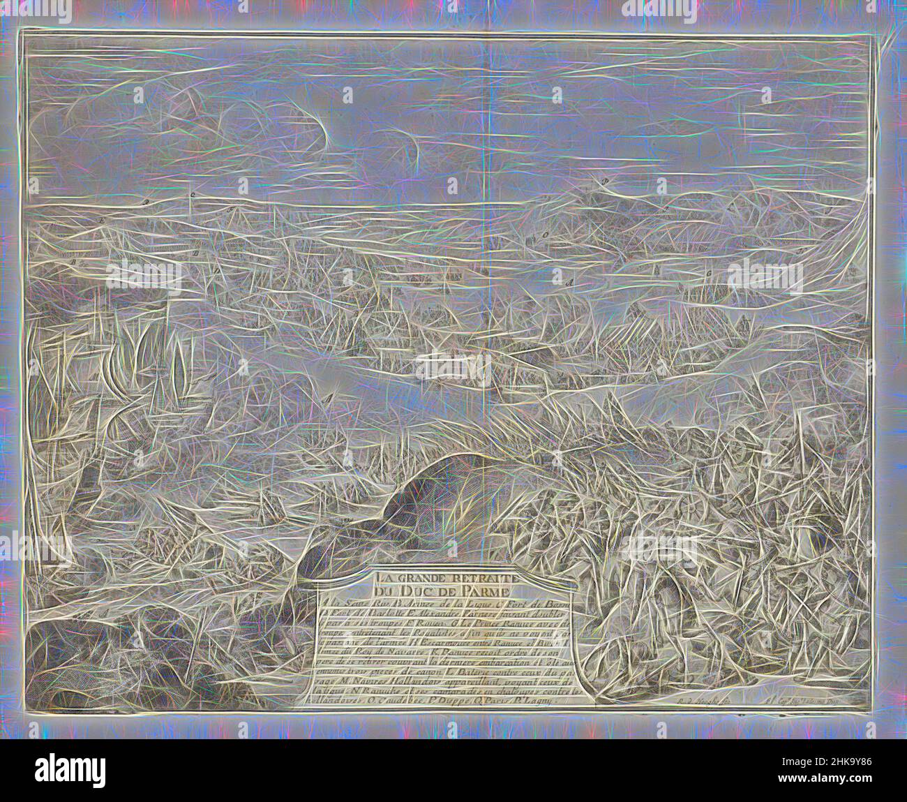 Inspiriert vom Rückzug der Armee des Herzogs von Parma, 1592, La grande Retraite du duc de Parme, Guerres de Flandres, Rückzug der Armee des Herzogs von Parma, 1592. Blick auf das seine-Tal mit den Städten Rouen, Caudebec, Dieppe, Paris und Lagny. Holländische Kriegsschiffe auf der linken Seite. Unten in der Mitte Kartusche mit der, Reimagined by Artotop. Klassische Kunst neu erfunden mit einem modernen Twist. Design von warmen fröhlichen Leuchten der Helligkeit und Lichtstrahl Strahlkraft. Fotografie inspiriert von Surrealismus und Futurismus, umarmt dynamische Energie der modernen Technologie, Bewegung, Geschwindigkeit und Kultur zu revolutionieren Stockfoto