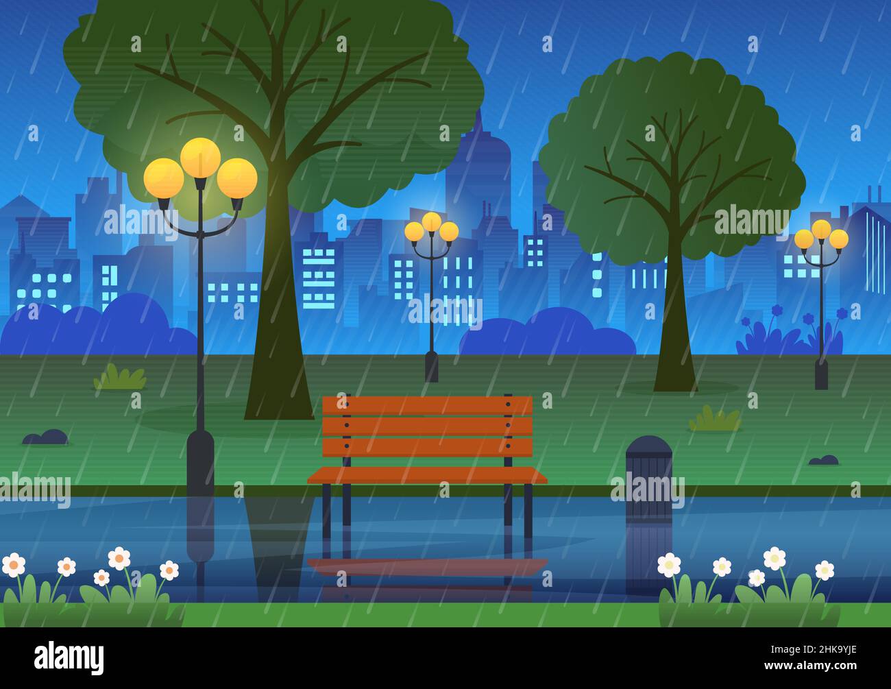 Regen Sturm Hintergrund Vektor Illustration bei regnerischem Wetter mit Landschaft Stadtbild oder Park und leeren öffentlichen Platz mit Puddle für Banner oder Poster Stock Vektor