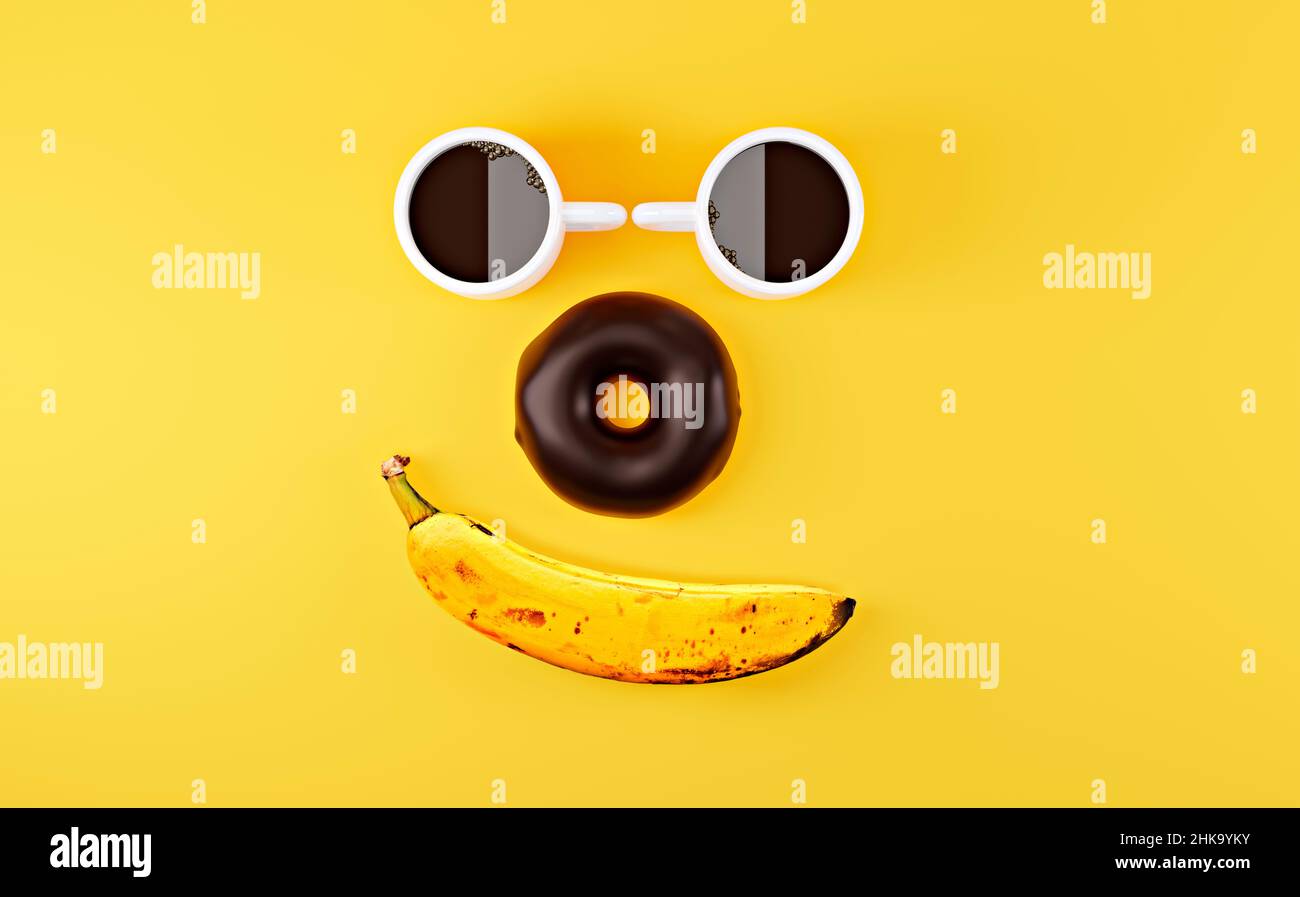 Symbolisches Bild für die Kaffeepause mit zwei Tassen, Donut und Banane Stockfoto