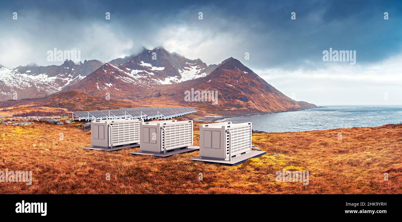 Ein modernes Solarfeld mit Batteriespeicher in der wilden Natur, Abbildung 3D Stockfoto