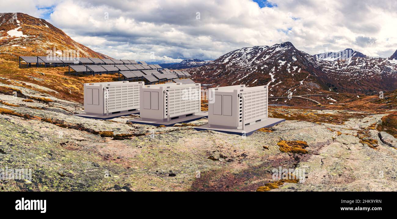 Ein modernes Solarfeld mit Batteriespeicher in der wilden Natur, Abbildung 3D Stockfoto