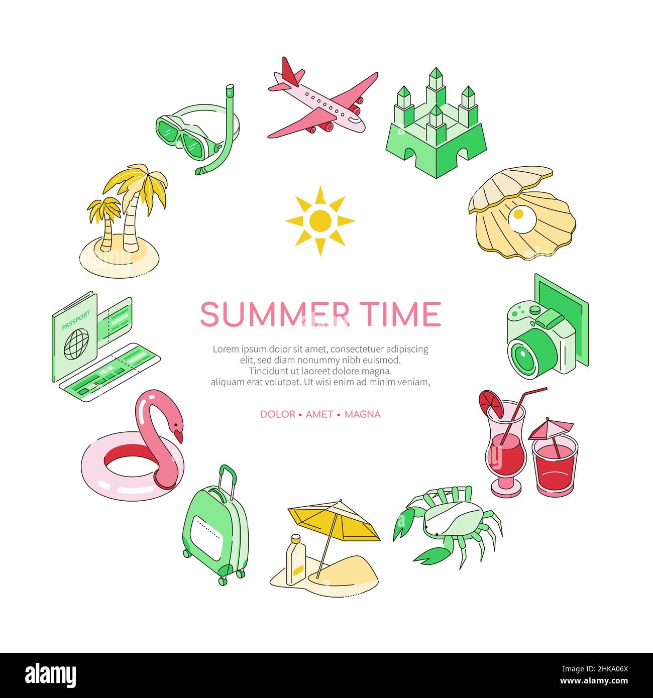 Sommerzeit - modernes isometrisches farbenes Banner mit Symbolen, die im Kreis platziert sind und Platz für Text kopieren. Bearbeitbare Kontur. Sammelt Muscheln, sonnt sich auf der Th Stock Vektor