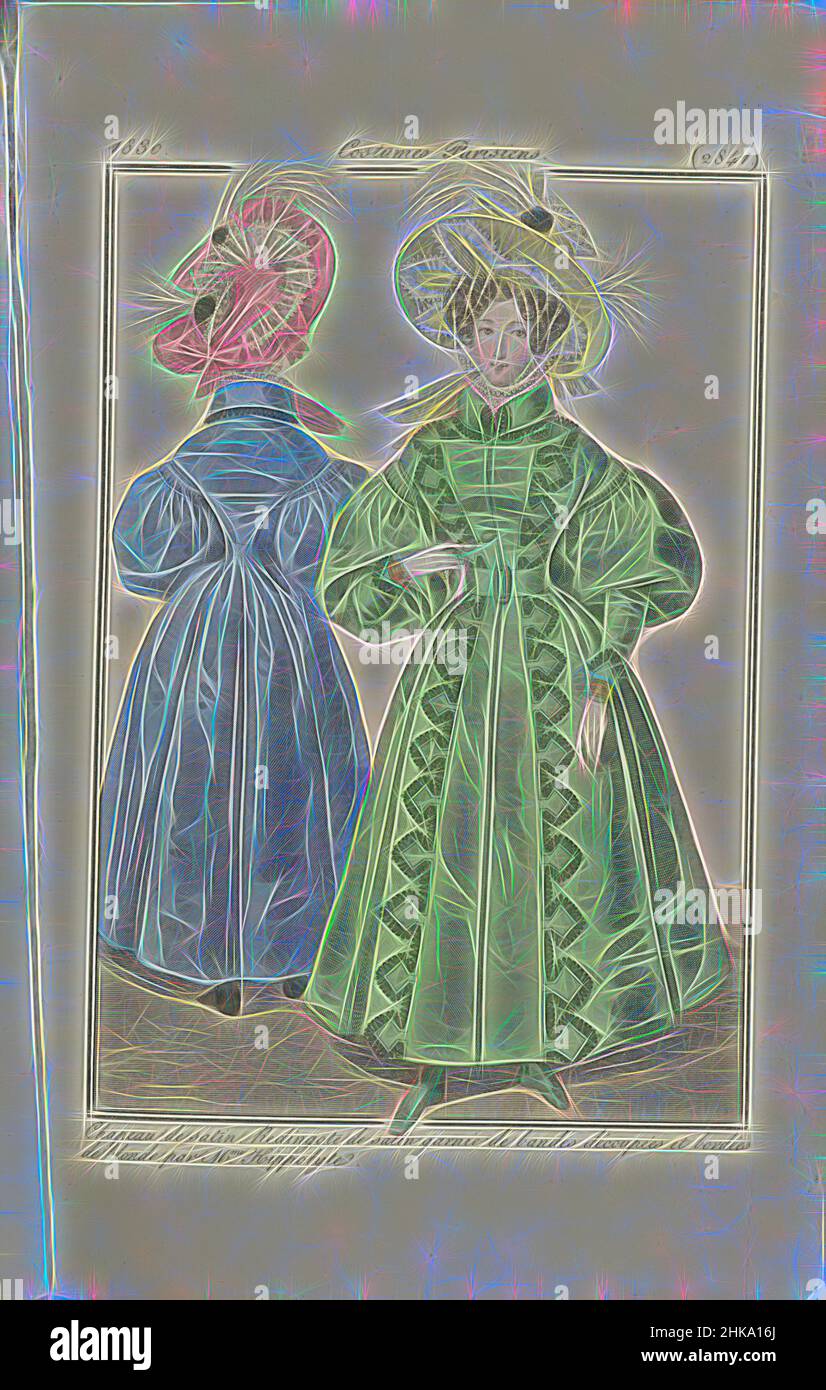 Inspiriert von Journal des Dames et des Modes 1830, Costumes Parisiens (2841), Chapeau de Satin. Redingote de Satin garnie de bandes découpées et bordées de blonde par Mme Hippolyte., Druckerei:, 1830, Papier, Radierung, Neu gestaltet von Artotop. Klassische Kunst neu erfunden mit einem modernen Twist. Design von warmen fröhlichen Leuchten der Helligkeit und Lichtstrahl Strahlkraft. Fotografie inspiriert von Surrealismus und Futurismus, umarmt dynamische Energie der modernen Technologie, Bewegung, Geschwindigkeit und Kultur zu revolutionieren Stockfoto