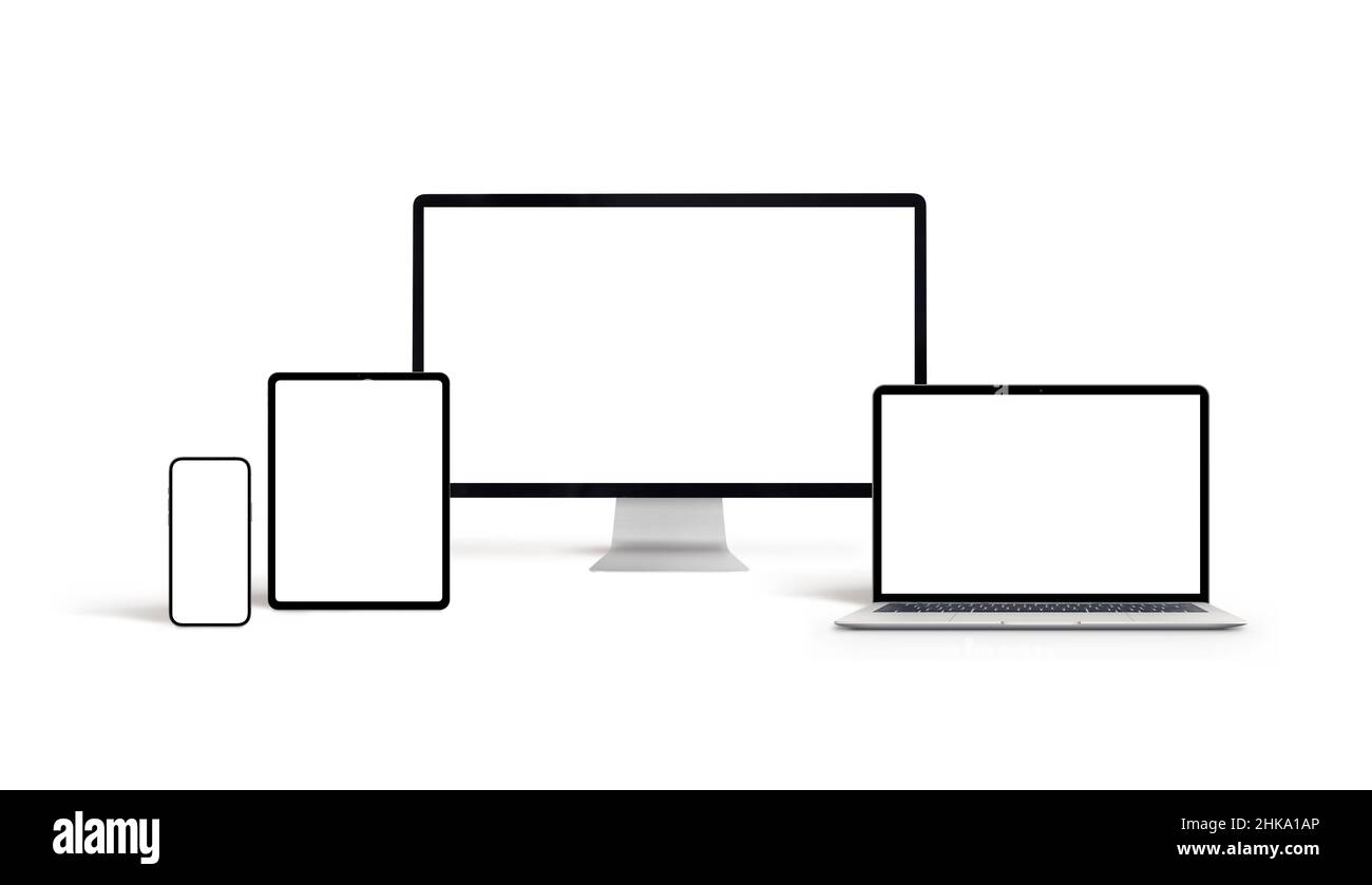 Isolierte Computer und mobile Geräte mit leerem Bildschirm für reaktionsschnelle Webwerbung oder App-Werbung Stockfoto
