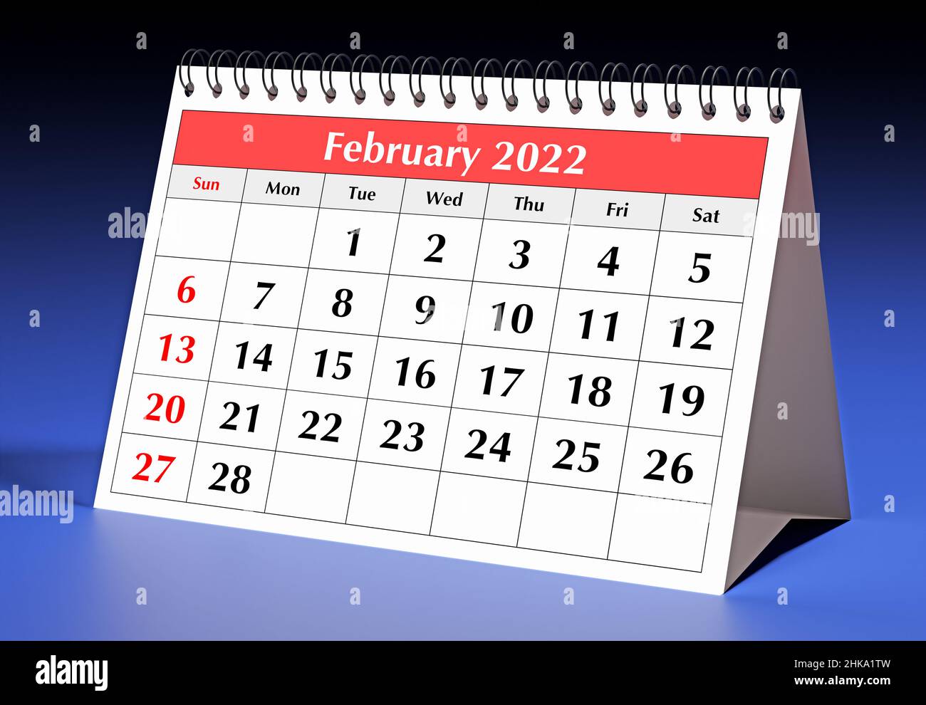 Eine Seite des monatlichen Jahreskalenders. Datum - Monat Februar 2022. 3D Rendern Stockfoto