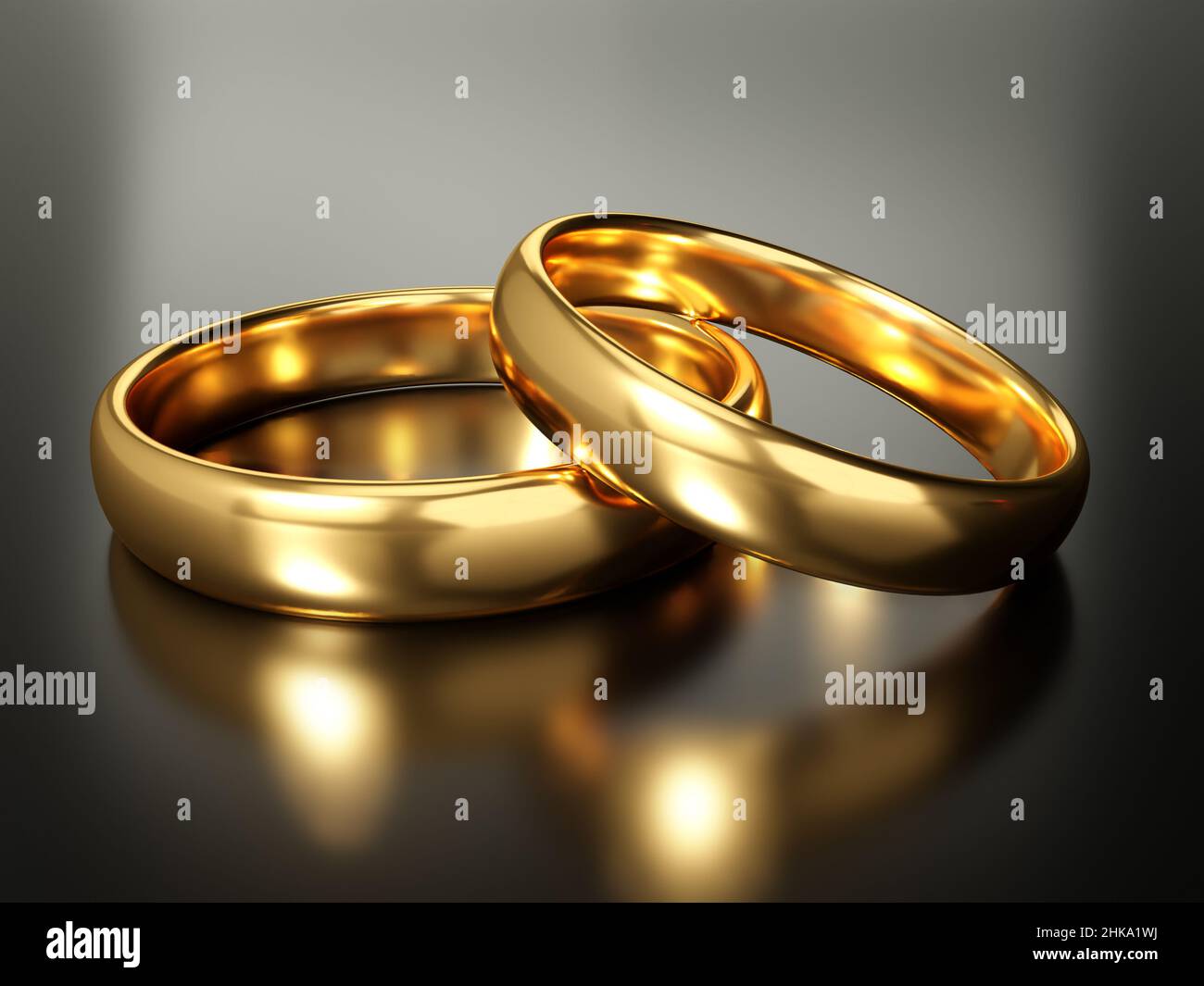 Illustration von zwei goldenen Eheringen. Konzepte der Einheit. 3D Rendern Stockfoto