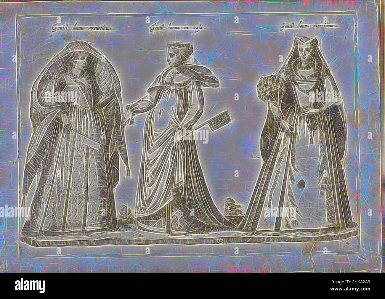 Inspiriert von drei Frauen, gekleidet nach venezianischer Mode Ca. 1580, Gentil donna venetiana, Gentil donna in casa, Gentil donna venetiana, links eine Adlige aus Venedig, eine Fahne in ihrer rechten Hand. In der Mitte eine Frau in Hauskleidung, links eine kleine Fahne in der linken Hand. Auf dem, neu erfunden von Artotop. Klassische Kunst neu erfunden mit einem modernen Twist. Design von warmen fröhlichen Leuchten der Helligkeit und Lichtstrahl Strahlkraft. Fotografie inspiriert von Surrealismus und Futurismus, umarmt dynamische Energie der modernen Technologie, Bewegung, Geschwindigkeit und Kultur zu revolutionieren Stockfoto