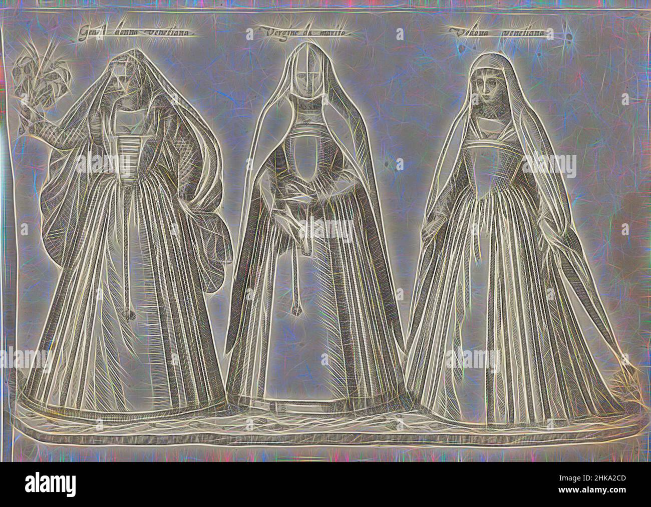 Inspiriert von drei Frauen, gekleidet nach venezianischer Mode Ca. 1580, Gentil donna venetiana, Vergine da marito, Vedova venetiana, links eine Adlige aus Venedig, Federfächer in erhobener rechter Hand. In der Mitte eine unverheiratete Jungfrau, Schleier über dem Gesicht, Gürtel in der Hand. Rechts eine Witwe. Print, Neuauflage von Artotop. Klassische Kunst neu erfunden mit einem modernen Twist. Design von warmen fröhlichen Leuchten der Helligkeit und Lichtstrahl Strahlkraft. Fotografie inspiriert von Surrealismus und Futurismus, umarmt dynamische Energie der modernen Technologie, Bewegung, Geschwindigkeit und Kultur zu revolutionieren Stockfoto