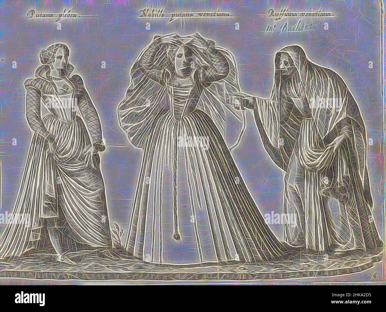 Inspiriert von zwei Prostituierten und einem alten Matchmaker, gekleidet nach venezianischer Mode Ca. 1580, Putana plebea, Nobile putana venetiana, Ruffiana venetiana, Druck Nr. 6 aus dem Album 'Dei veri ritratti degl'habiti di tvtte le parti del mondo intagliati in rame per opra di Bartolomeo Grassi', 1585, neu erfunden von Artotop. Klassische Kunst neu erfunden mit einem modernen Twist. Design von warmen fröhlichen Leuchten der Helligkeit und Lichtstrahl Strahlkraft. Fotografie inspiriert von Surrealismus und Futurismus, umarmt dynamische Energie der modernen Technologie, Bewegung, Geschwindigkeit und Kultur zu revolutionieren Stockfoto