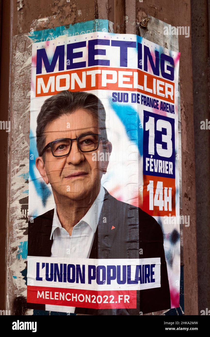 Plakatkampagne für die französischen Präsidentschaftswahlen in Montpellier. Treffen von Jean Luc Melenchon in Montpellier, Frankreich Stockfoto