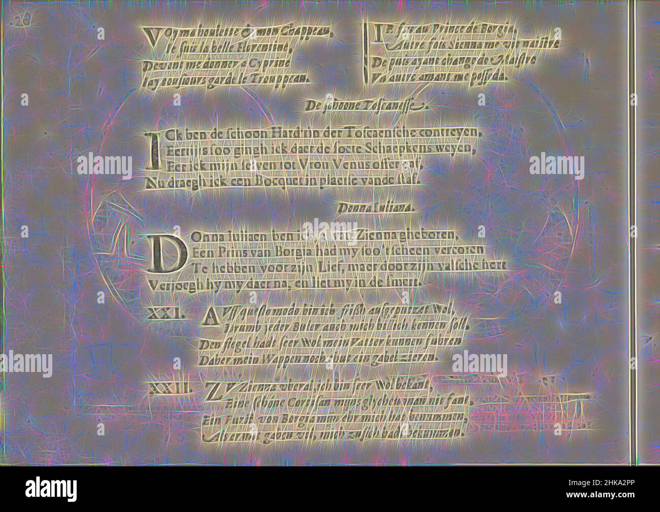 Inspiriert von Quatrains zu den Porträts der Kurtisanen genannt die schöne Toskana und Donna Juliana, Miroir des plus belles courtisanes de ce temps, drei mal zwei Quatrains in Französisch, Niederländisch und Deutsch zu den Porträts der Kurtisanen genannt die schöne Toskana und Donna Juliana aus Sienna, Neu gestaltet von Artotop. Klassische Kunst neu erfunden mit einem modernen Twist. Design von warmen fröhlichen Leuchten der Helligkeit und Lichtstrahl Strahlkraft. Fotografie inspiriert von Surrealismus und Futurismus, umarmt dynamische Energie der modernen Technologie, Bewegung, Geschwindigkeit und Kultur zu revolutionieren Stockfoto