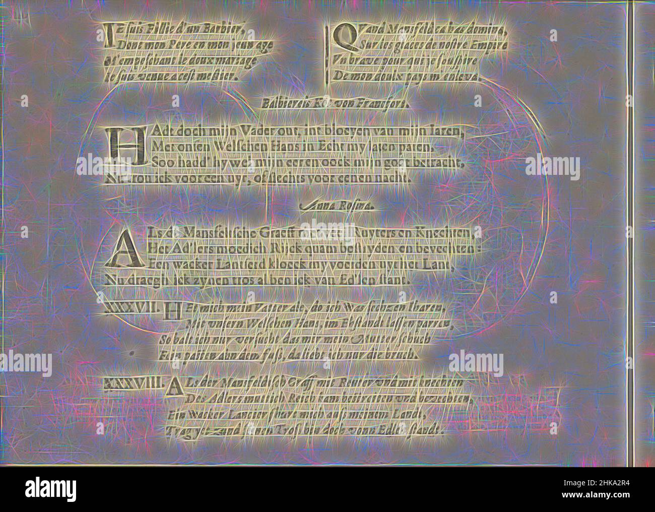 Inspiriert von Quatrains zu den Porträts der Kurtisanen Balbiereis Ket von Frankfurt und Anna Rosina, Miroir des plus belles courtisanes de ce temps, drei mal zwei Quatrains in Französisch, Niederländisch und Deutsch zu den Porträts der Kurtisanen Balbiereis Ket von Frankfurt und Anna Rosina, deren Ursprung Neu gestaltet von Artotop. Klassische Kunst neu erfunden mit einem modernen Twist. Design von warmen fröhlichen Leuchten der Helligkeit und Lichtstrahl Strahlkraft. Fotografie inspiriert von Surrealismus und Futurismus, umarmt dynamische Energie der modernen Technologie, Bewegung, Geschwindigkeit und Kultur zu revolutionieren Stockfoto
