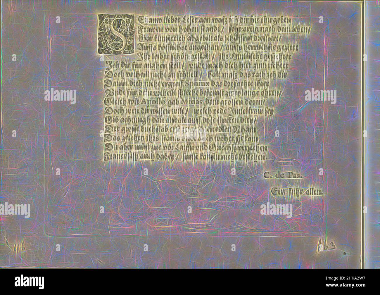 Inspiriert von deutschsprachiger Dichtung, Les vrais pourtraits de quelques unes des plus grandes dames de la chrestiente desguenders en bergeres., deutschsprachiges Gedicht, in sechzehn Zeilen, beginnend mit einer verzierten Initiale S. signiert: C. de Pas. Ein fuhr allen. Das Blatt ist Teil eines Albums., Crispijn van de, Reimagined by Artotop. Klassische Kunst neu erfunden mit einem modernen Twist. Design von warmen fröhlichen Leuchten der Helligkeit und Lichtstrahl Strahlkraft. Fotografie inspiriert von Surrealismus und Futurismus, umarmt dynamische Energie der modernen Technologie, Bewegung, Geschwindigkeit und Kultur zu revolutionieren Stockfoto