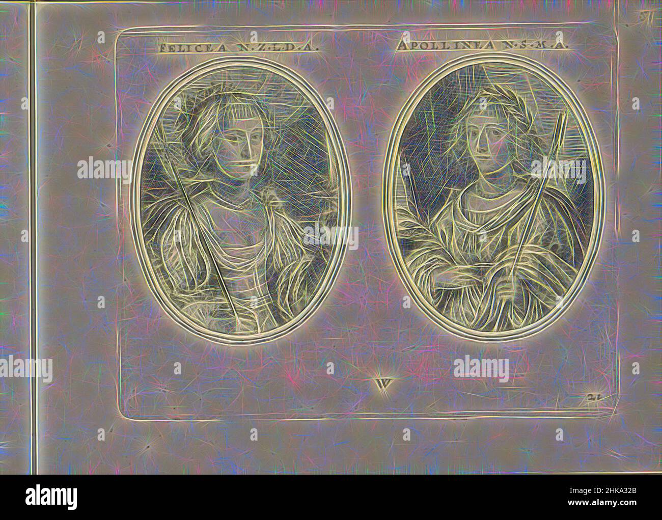 Inspiriert von Porträts einer unbekannten Frau und Anna Maria van Schurman, beide als Hirtin, Felicea N.Z.L.D.A., Apollinea N.S.M.A., Les vrais pourtraits de quelques unes des plus grandes dames de la chrestiente desguennes en bergeres., zwei Darstellungen auf einem Albumblatt. Links das Porträt, Reinmagined by Artotop. Klassische Kunst neu erfunden mit einem modernen Twist. Design von warmen fröhlichen Leuchten der Helligkeit und Lichtstrahl Strahlkraft. Fotografie inspiriert von Surrealismus und Futurismus, umarmt dynamische Energie der modernen Technologie, Bewegung, Geschwindigkeit und Kultur zu revolutionieren Stockfoto