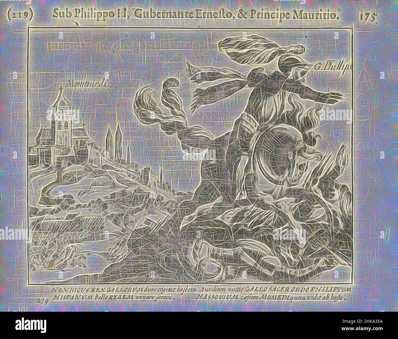 Inspiriert von Ludwig Gunther, Prinz von Nassau-Siegen und Philipp, Graf von Nassau, der 1595 gemeinsam mit dem französischen König Heinrich IV. In Montmédy kämpft, Louis Gunther, Prinz von Nassau-Siegen und Philipp, Graf von Nassau, der 1595 gemeinsam mit dem französischen König Heinrich IV. In Montmédy kämpft. Im Vordergrund, Reimagined by Artotop. Klassische Kunst neu erfunden mit einem modernen Twist. Design von warmen fröhlichen Leuchten der Helligkeit und Lichtstrahl Strahlkraft. Fotografie inspiriert von Surrealismus und Futurismus, umarmt dynamische Energie der modernen Technologie, Bewegung, Geschwindigkeit und Kultur zu revolutionieren Stockfoto