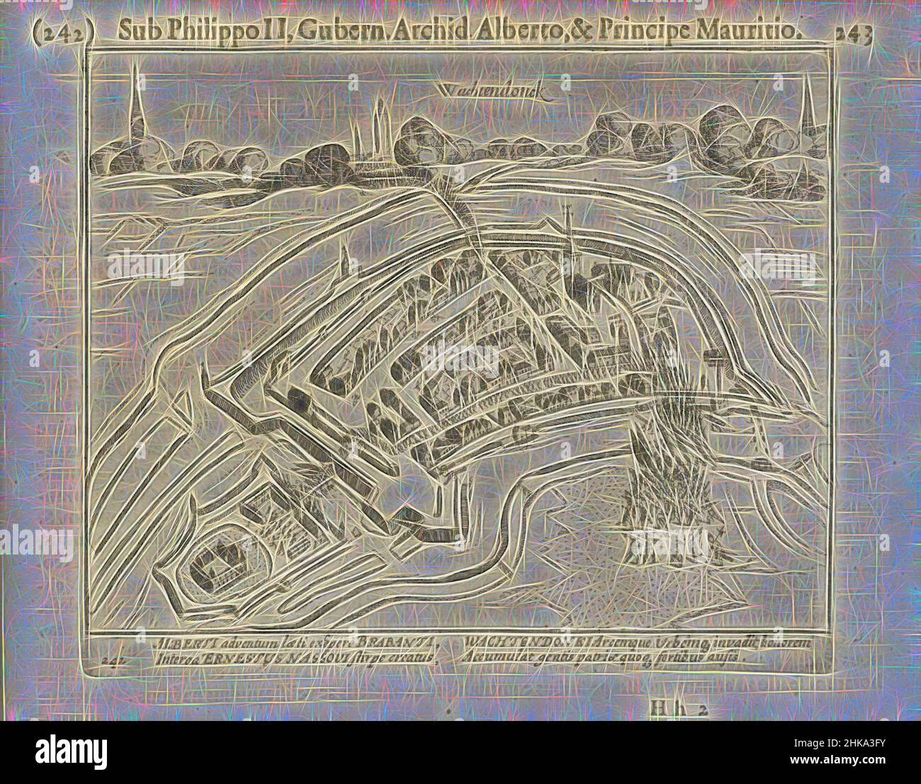 Inspiriert von der Eroberung von Wachtendonk, 1600, Eroberung von Wachtendonk durch Louis Gunther, Graf von Nassau, 23. Januar 1600. Plan der Stadt, über der Landschaft im Profil. Unten dringen die Staatstruppen am Kempener Tor in die Stadt ein. Mit 4-zeiliger lateinischer Beschriftung. Nummeriert 242. Auf Rückseite mit Text gedruckt, neu gestaltet von Artotop. Klassische Kunst neu erfunden mit einem modernen Twist. Design von warmen fröhlichen Leuchten der Helligkeit und Lichtstrahl Strahlkraft. Fotografie inspiriert von Surrealismus und Futurismus, umarmt dynamische Energie der modernen Technologie, Bewegung, Geschwindigkeit und Kultur zu revolutionieren Stockfoto