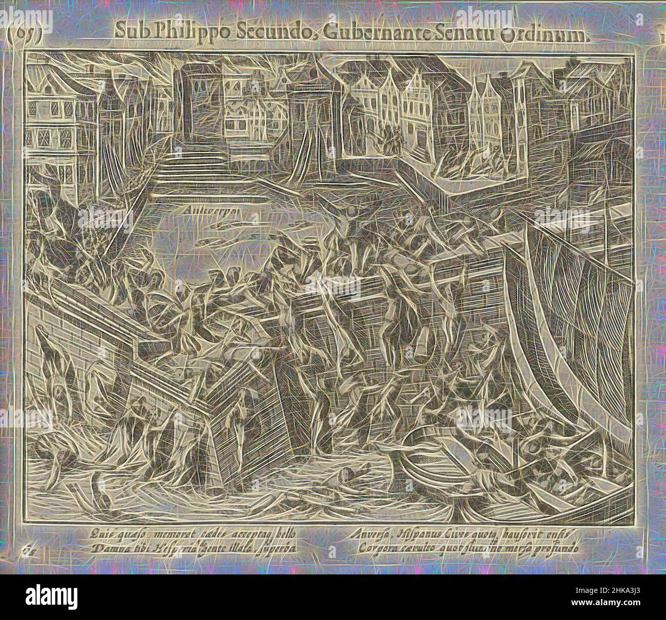 Inspiriert von spanischer Furie: Bewohner fliehen in die Schelde, 1576, Spanische Furie in Antwerpen, 4-7. November 1576. Um der Gewalt zu entkommen, springen Antwerpers in die Schelde und versuchen mit Booten zu fliehen. Mit einer lateinischen Beschriftung von 4 Zeilen. Nummeriert: 65. Auf der Rückseite mit lateinischem Text gedruckt, neu gestaltet von Artotop. Klassische Kunst neu erfunden mit einem modernen Twist. Design von warmen fröhlichen Leuchten der Helligkeit und Lichtstrahl Strahlkraft. Fotografie inspiriert von Surrealismus und Futurismus, umarmt dynamische Energie der modernen Technologie, Bewegung, Geschwindigkeit und Kultur zu revolutionieren Stockfoto