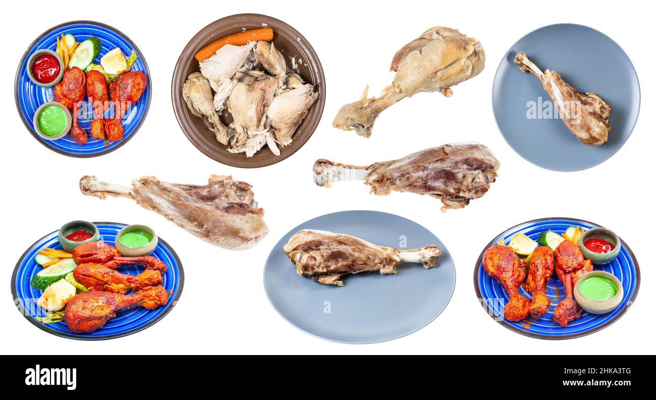 Set aus verschiedenen gekochten Hühnchen und putenbeinen isoliert auf weißem Hintergrund Stockfoto