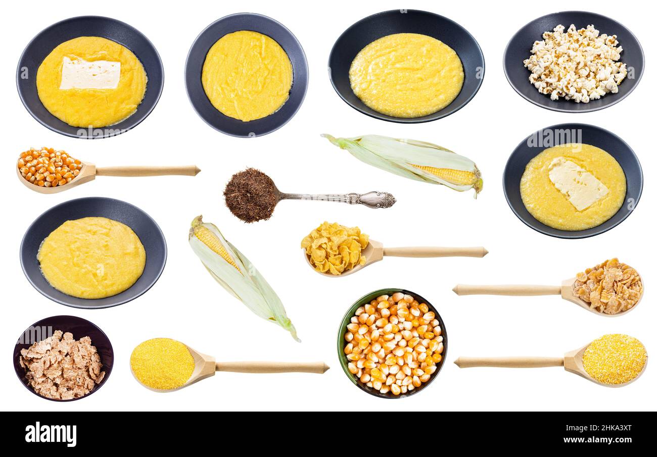 Set aus verschiedenen gekochten und ungekochten Maiskörnern isoliert auf weißem Hintergrund Stockfoto