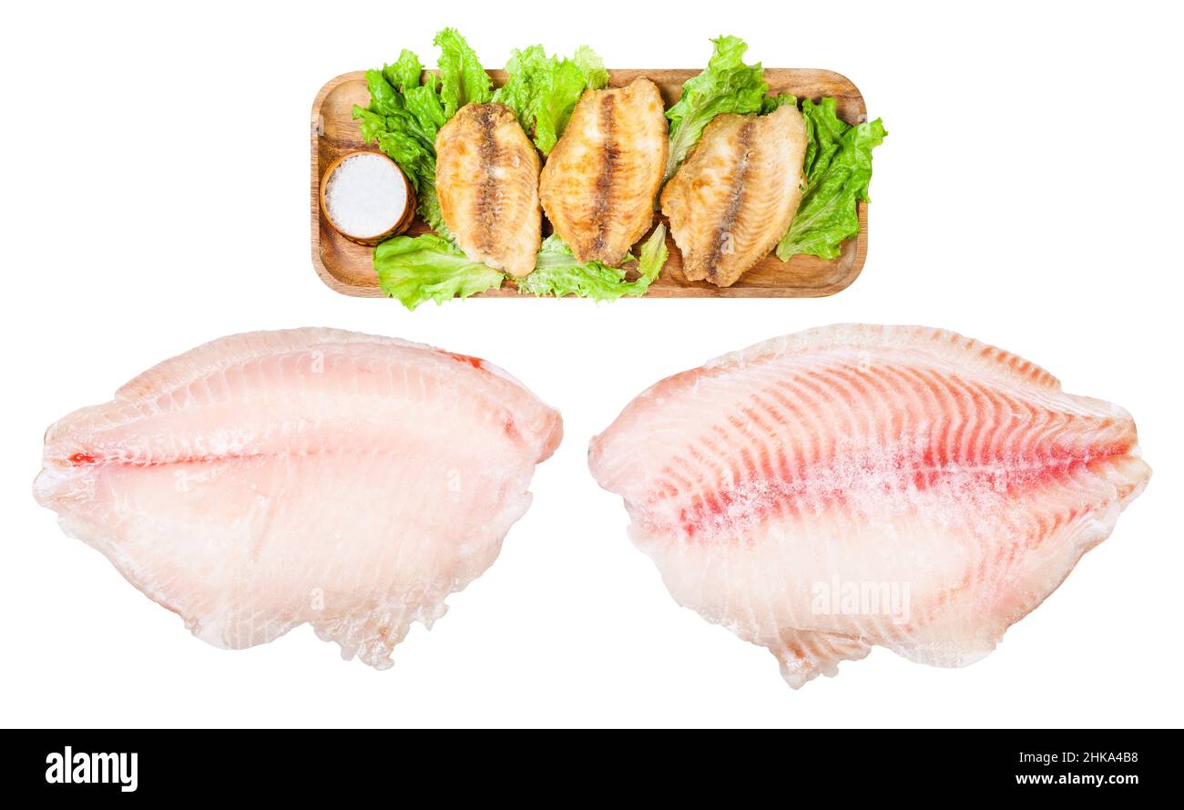 Set aus gefrorenem und gebratenem Filet von Seebarsch Fisch isoliert auf weißem Hintergrund Stockfoto