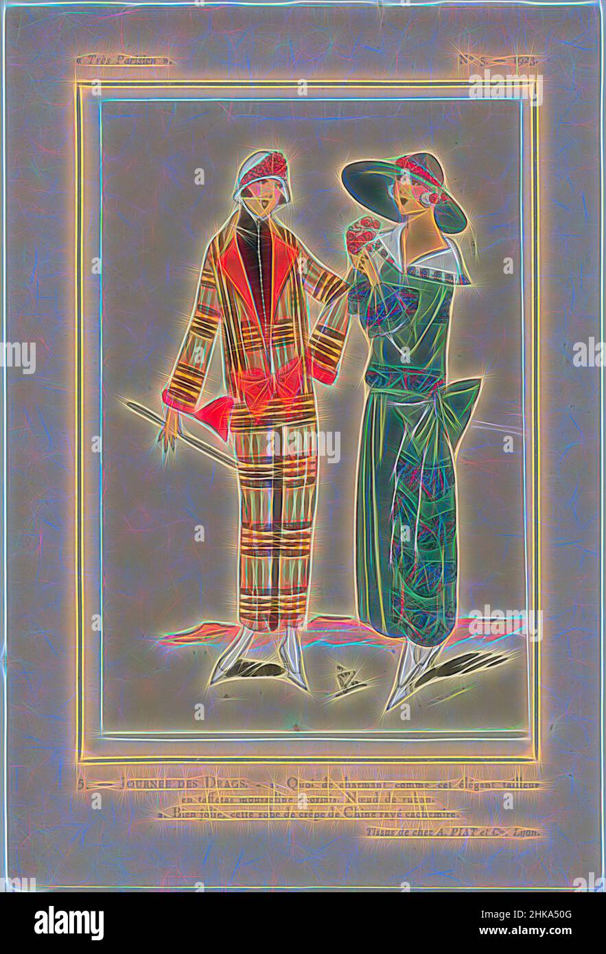 Inspiriert von Très Parisien, 1923, Nr. 5: 5.- JOURNÉE DES DRAGS..., 1. Tailleur (Mantelanzug) aus kariertem „Taft-Musselin“. Schleife aus Band. 2. Kleid aus Crepe de Chine gestreift mit Kaschmir. Zubehör: cloche (Topfhut), Hut mit breiter Krempe, Gehstock(?), Pumps. Print aus der Mode, Reimagined by Artotop. Klassische Kunst neu erfunden mit einem modernen Twist. Design von warmen fröhlichen Leuchten der Helligkeit und Lichtstrahl Strahlkraft. Fotografie inspiriert von Surrealismus und Futurismus, umarmt dynamische Energie der modernen Technologie, Bewegung, Geschwindigkeit und Kultur zu revolutionieren Stockfoto