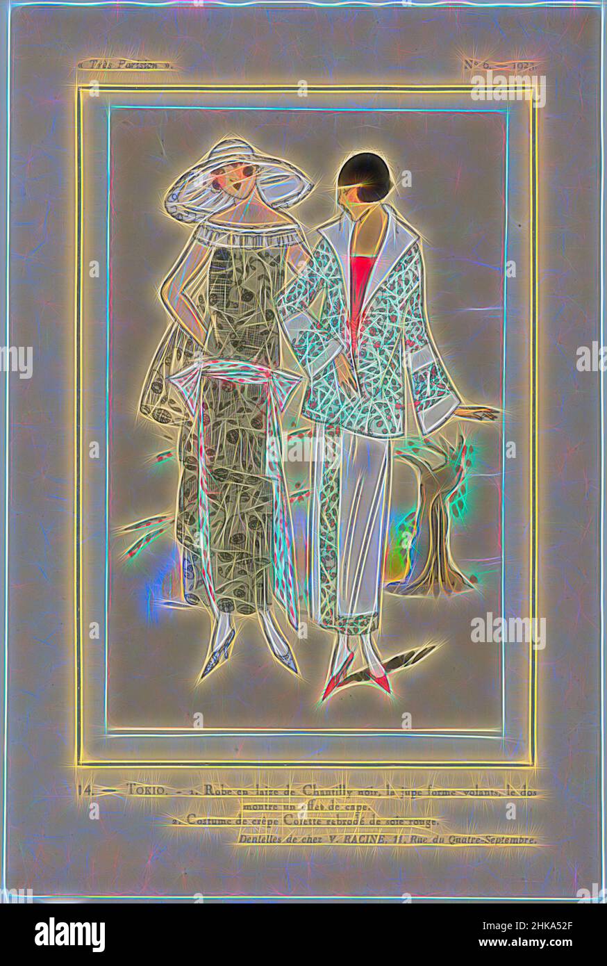 Inspiriert von Très Parisien, 1923, Nr. 6: 14. - TOKIO. - 1. Robe en laize de Chantilly..., 1. Kleid aus schwarzer 'Laize de Chantilly' (Spitze); der Rock besteht aus Volants, der Rücken scheint einen Umhang zu haben. 2. Kostüm (Anzug) aus Krepp-Colette mit roter Seide bestickt. Spitze von V. Racine. Druck aus dem, Reimagined by Artotop. Klassische Kunst neu erfunden mit einem modernen Twist. Design von warmen fröhlichen Leuchten der Helligkeit und Lichtstrahl Strahlkraft. Fotografie inspiriert von Surrealismus und Futurismus, umarmt dynamische Energie der modernen Technologie, Bewegung, Geschwindigkeit und Kultur zu revolutionieren Stockfoto