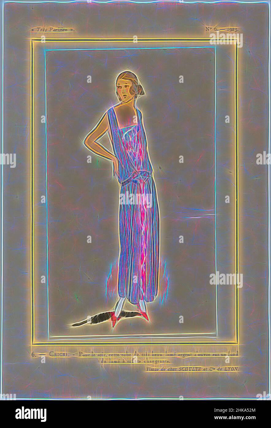 Inspiriert von Très Parisien, 1923, Nr. 6: 6.- CRICRI. - Pour le Soir, Cette Robe..., Abendkleid aus silbernem Lamé, vorne offen, inklusive 'lamé à reflets changeants'(?). Stoffe von Schultz et Cie. Druck aus dem Modemagazin Très Parisien (1920-1936)., Druckerei:, Schulz et Cie, Lyon, Paris, Neu gestaltet von Artotop. Klassische Kunst neu erfunden mit einem modernen Twist. Design von warmen fröhlichen Leuchten der Helligkeit und Lichtstrahl Strahlkraft. Fotografie inspiriert von Surrealismus und Futurismus, umarmt dynamische Energie der modernen Technologie, Bewegung, Geschwindigkeit und Kultur zu revolutionieren Stockfoto