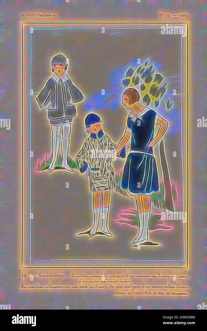 Inspiriert von Très Parisien, 1923, Nr. 9: 18. - SOEURETTE. - Gracieux Ensemble composé..., Kinderkleidung. Kostüm aus Wolltrikot, das andere aus 'Chiné laine' (Wolle). Kinderkleid aus Seidenjersey, verziert mit einem dünnen weißen Band. Stoffe von Jersiris. Druck aus dem Modemagazin Très, Reimagined by Artotop. Klassische Kunst neu erfunden mit einem modernen Twist. Design von warmen fröhlichen Leuchten der Helligkeit und Lichtstrahl Strahlkraft. Fotografie inspiriert von Surrealismus und Futurismus, umarmt dynamische Energie der modernen Technologie, Bewegung, Geschwindigkeit und Kultur zu revolutionieren Stockfoto