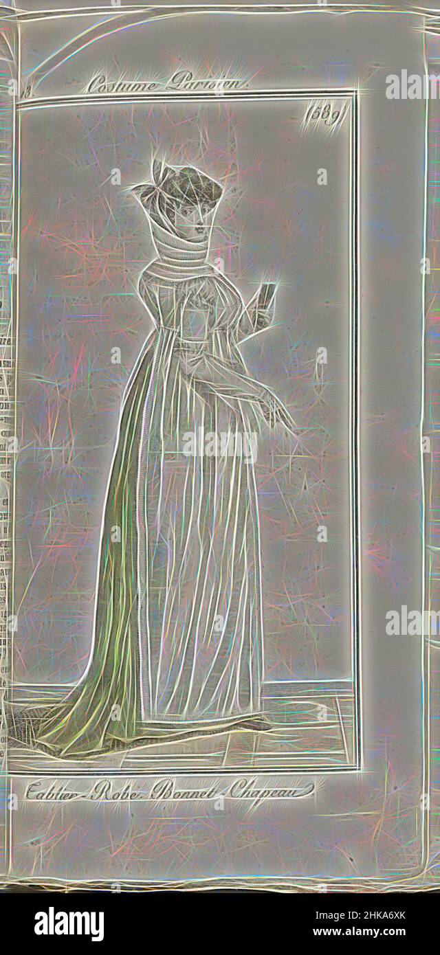 Inspiriert von Journal des Dames et des Modes, Costume Parisien, 1805, an 13 (589) Tablier-Robe. Haube-Chapeau, Frau rechts, in einer 'Tablier-Robe' mit einem riesigen Kragen knapp unter dem Kinn (Collerette plissé) auf dem Kopf eine 'Haube-Chapeau' mit einer violetten Schleife. Lange weiße Handschuhe. Der Druck ist Teil von, Reimagined by Artotop. Klassische Kunst neu erfunden mit einem modernen Twist. Design von warmen fröhlichen Leuchten der Helligkeit und Lichtstrahl Strahlkraft. Fotografie inspiriert von Surrealismus und Futurismus, umarmt dynamische Energie der modernen Technologie, Bewegung, Geschwindigkeit und Kultur zu revolutionieren Stockfoto