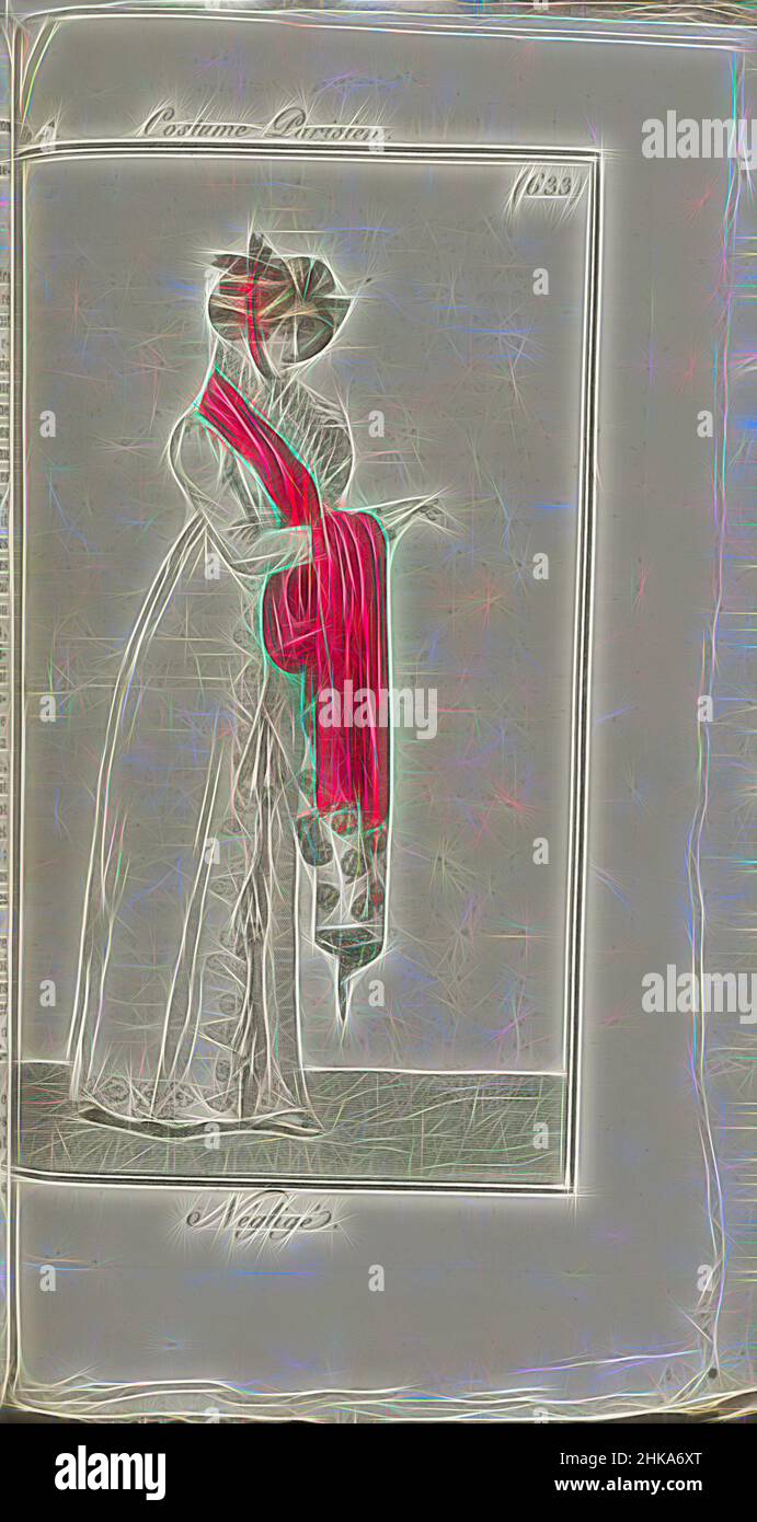 Inspiriert von Journal des Dames et des Modes, Costume Parisien, 1805, an 13 (633) Négligé, Frau rechts, in einem weißen Hauskleid mit erhobener Collerette; roter Schal über den Schultern. Auf dem Kopf, Hut mit Bändern und Schleife vorne., Druckerei: Horace Vernet, Verlag: Pierre de la Mésangère, 1805, Reimagined by Artotop. Klassische Kunst neu erfunden mit einem modernen Twist. Design von warmen fröhlichen Leuchten der Helligkeit und Lichtstrahl Strahlkraft. Fotografie inspiriert von Surrealismus und Futurismus, umarmt dynamische Energie der modernen Technologie, Bewegung, Geschwindigkeit und Kultur zu revolutionieren Stockfoto