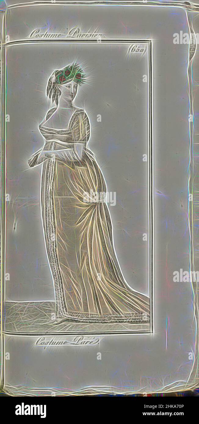 Inspiriert von Journal des Dames et des Modes, Costume Parisien, 1805, einem 13 (650) Costume Paré, Lady im beigen Abendkleid mit tiefem Dekolleté und Zug. In der Hand ein gefaltetes Gebläse. Frisur mit rotem Blumenkranz verziert, Druckerei: Horace Vernet, Verlag: Pierre de la Mésangère, 1805, Papier, neu gestaltet von Artotop. Klassische Kunst neu erfunden mit einem modernen Twist. Design von warmen fröhlichen Leuchten der Helligkeit und Lichtstrahl Strahlkraft. Fotografie inspiriert von Surrealismus und Futurismus, umarmt dynamische Energie der modernen Technologie, Bewegung, Geschwindigkeit und Kultur zu revolutionieren Stockfoto