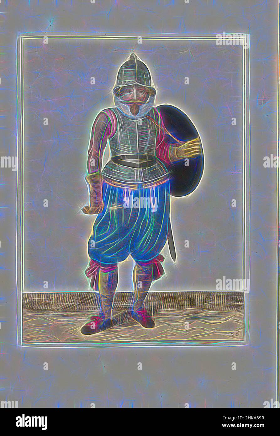 Inspiriert von der Übung mit Schild und Speer: Der Soldat bringt den Schild mit seinem linken Arm auf seinen Rücken zurück (Nr. 1) 26), 1618, die Übung mit Schild und Speer: Der Soldat bringt den Schild mit dem linken Arm auf den Rücken, 1618. Teil der Illustrationen in: Adam van Breen, Nassauische, Reinmagined by Artotop. Klassische Kunst neu erfunden mit einem modernen Twist. Design von warmen fröhlichen Leuchten der Helligkeit und Lichtstrahl Strahlkraft. Fotografie inspiriert von Surrealismus und Futurismus, umarmt dynamische Energie der modernen Technologie, Bewegung, Geschwindigkeit und Kultur zu revolutionieren Stockfoto