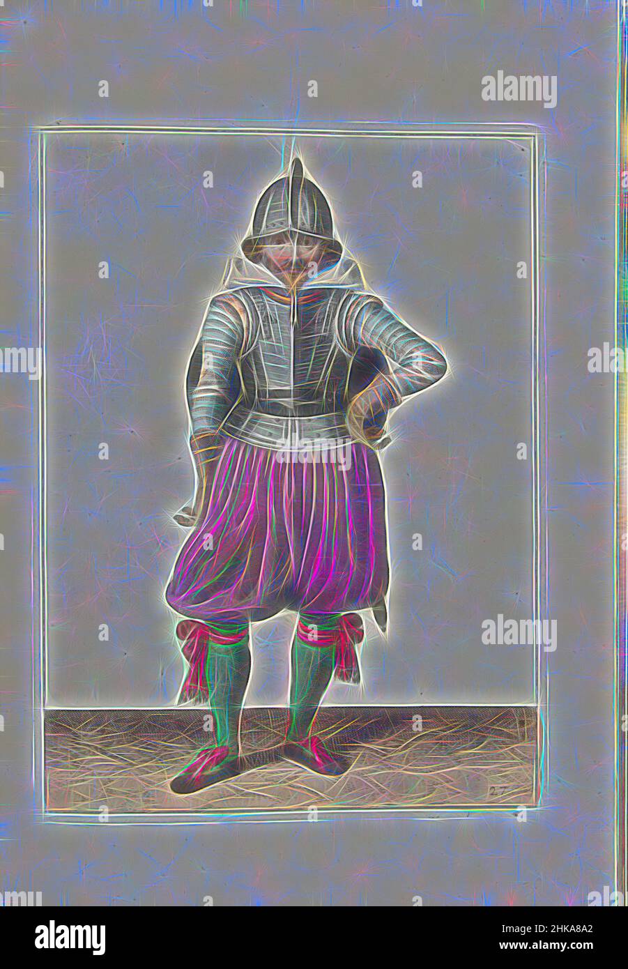 Inspiriert von der Übung mit Schild und Speer: Der Soldat steht in Ruhe mit dem Schild auf dem Rücken (Nr. 1) 27), 1618, die Übung mit Schild und Speer: Der in Ruhe stehende Soldat mit dem Schild auf dem Rücken, 1618. Teil der Illustrationen in: Adam van Breen, Nassauische Waffenhandel, 1618, neu erfunden von Artotop. Klassische Kunst neu erfunden mit einem modernen Twist. Design von warmen fröhlichen Leuchten der Helligkeit und Lichtstrahl Strahlkraft. Fotografie inspiriert von Surrealismus und Futurismus, umarmt dynamische Energie der modernen Technologie, Bewegung, Geschwindigkeit und Kultur zu revolutionieren Stockfoto