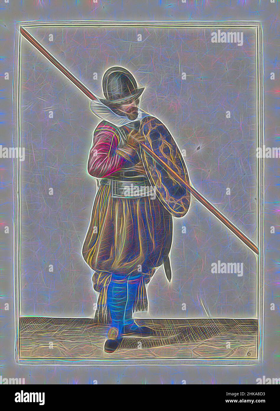 Inspiriert von der Übung mit Schild und Speer: Der Soldat hält den Schild mit der linken Hand vor den Körper (Nr. 1) 6), 1618, die Übung mit Schild und Speer: Der Soldat hält den Schild mit der linken Hand vor den Körper, 1618. Teil der Illustrationen in: Adam van Breen, Nassauische, Reinmagined by Artotop. Klassische Kunst neu erfunden mit einem modernen Twist. Design von warmen fröhlichen Leuchten der Helligkeit und Lichtstrahl Strahlkraft. Fotografie inspiriert von Surrealismus und Futurismus, umarmt dynamische Energie der modernen Technologie, Bewegung, Geschwindigkeit und Kultur zu revolutionieren Stockfoto