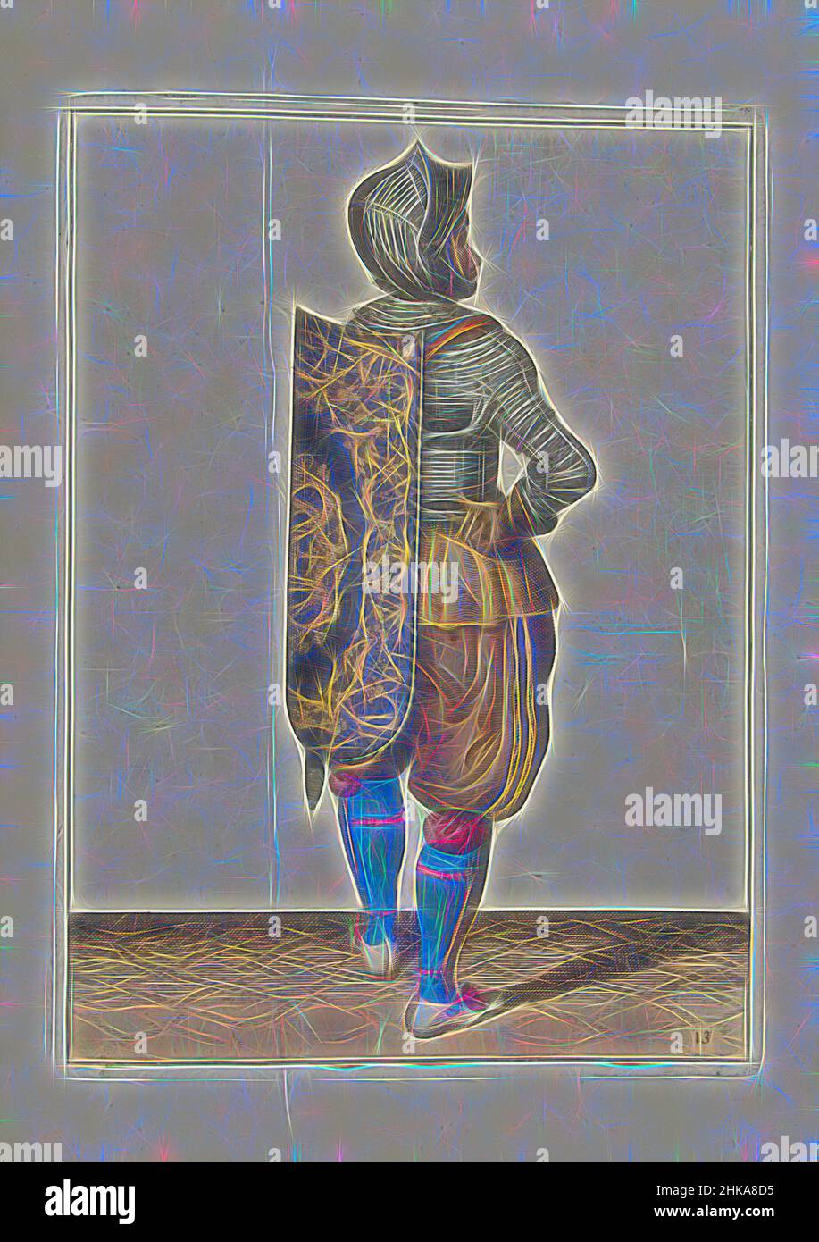 Inspiriert von der Übung mit dem Targe und Vergewaltiger: Der Soldat hängt die Targe auf den Rücken, (nein 13), 1618, die Übung mit Targe und Vergewaltiger: Der Soldat hängt die Targe auf den Rücken, 1618. Teil der Illustrationen in: Adam van Breen, Nassauische Waffenhandel, Kurtzer Bericht unnd, Reimagined by Artotop. Klassische Kunst neu erfunden mit einem modernen Twist. Design von warmen fröhlichen Leuchten der Helligkeit und Lichtstrahl Strahlkraft. Fotografie inspiriert von Surrealismus und Futurismus, umarmt dynamische Energie der modernen Technologie, Bewegung, Geschwindigkeit und Kultur zu revolutionieren Stockfoto