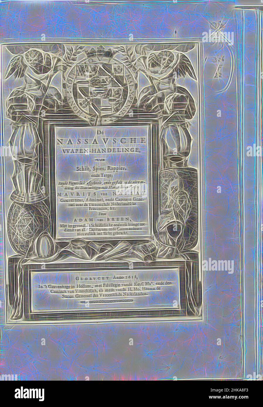 Inspiriert von der Titelseite von Adam van Breens The Nassau Arms Trade, 1618, The Nassau Arms Trade, of Schilt, Spies, Rappier and Targe : beyde figuerlick afgebeelt, ende gestelt na de nieuwe ordening [von, Adam van Breen, Druckerei:, Druckerei: Nord-Niederlande, Verlag: Den Haag, 1616 - 1618, neu erfunden von Artotop. Klassische Kunst neu erfunden mit einem modernen Twist. Design von warmen fröhlichen Leuchten der Helligkeit und Lichtstrahl Strahlkraft. Fotografie inspiriert von Surrealismus und Futurismus, umarmt dynamische Energie der modernen Technologie, Bewegung, Geschwindigkeit und Kultur zu revolutionieren Stockfoto