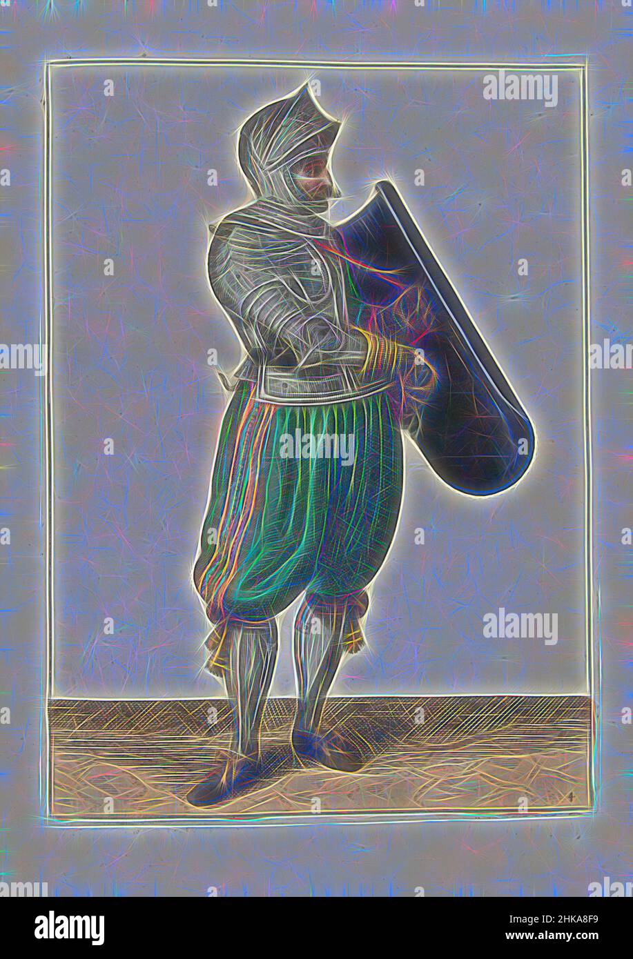 Inspiriert von der Übung mit Targe und Rapier: Der Soldat hält die Targe leicht nach vorne, um den Rapier zu ziehen (nein 4), 1618, die Übung mit Targe und Vergewaltiger: Der Soldat hält die Targe leicht nach vorne, um den Vergewaltiger zu ziehen, 1618. Teil der Illustrationen in: Adam van Breen, Nassauische, Reinmagined by Artotop. Klassische Kunst neu erfunden mit einem modernen Twist. Design von warmen fröhlichen Leuchten der Helligkeit und Lichtstrahl Strahlkraft. Fotografie inspiriert von Surrealismus und Futurismus, umarmt dynamische Energie der modernen Technologie, Bewegung, Geschwindigkeit und Kultur zu revolutionieren Stockfoto