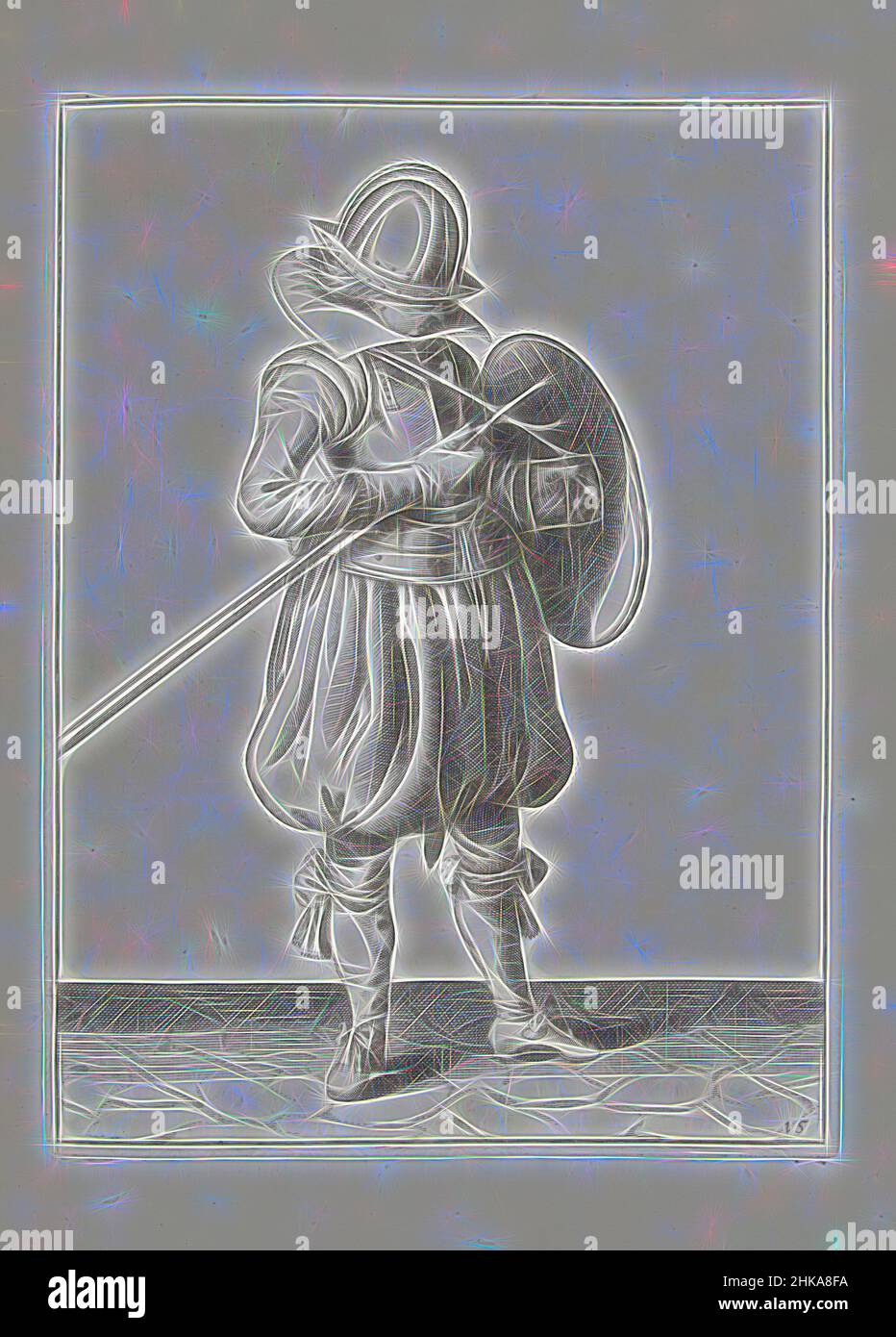 Inspiriert von der Übung mit Schild und Speer: Der Soldat hält Speer und Schild dicht am Körper (Nr. 1) 15), 1618, De Nassausche Wapen-Handelinge, van Schilt, Spies, Rappier ende Targe : beyde figuerlick afgebeelt, en gestelt na de nieuwe ordening [von, Adam van Breen, Druckerei:, Northern, Reimagined by Artotop. Klassische Kunst neu erfunden mit einem modernen Twist. Design von warmen fröhlichen Leuchten der Helligkeit und Lichtstrahl Strahlkraft. Fotografie inspiriert von Surrealismus und Futurismus, umarmt dynamische Energie der modernen Technologie, Bewegung, Geschwindigkeit und Kultur zu revolutionieren Stockfoto