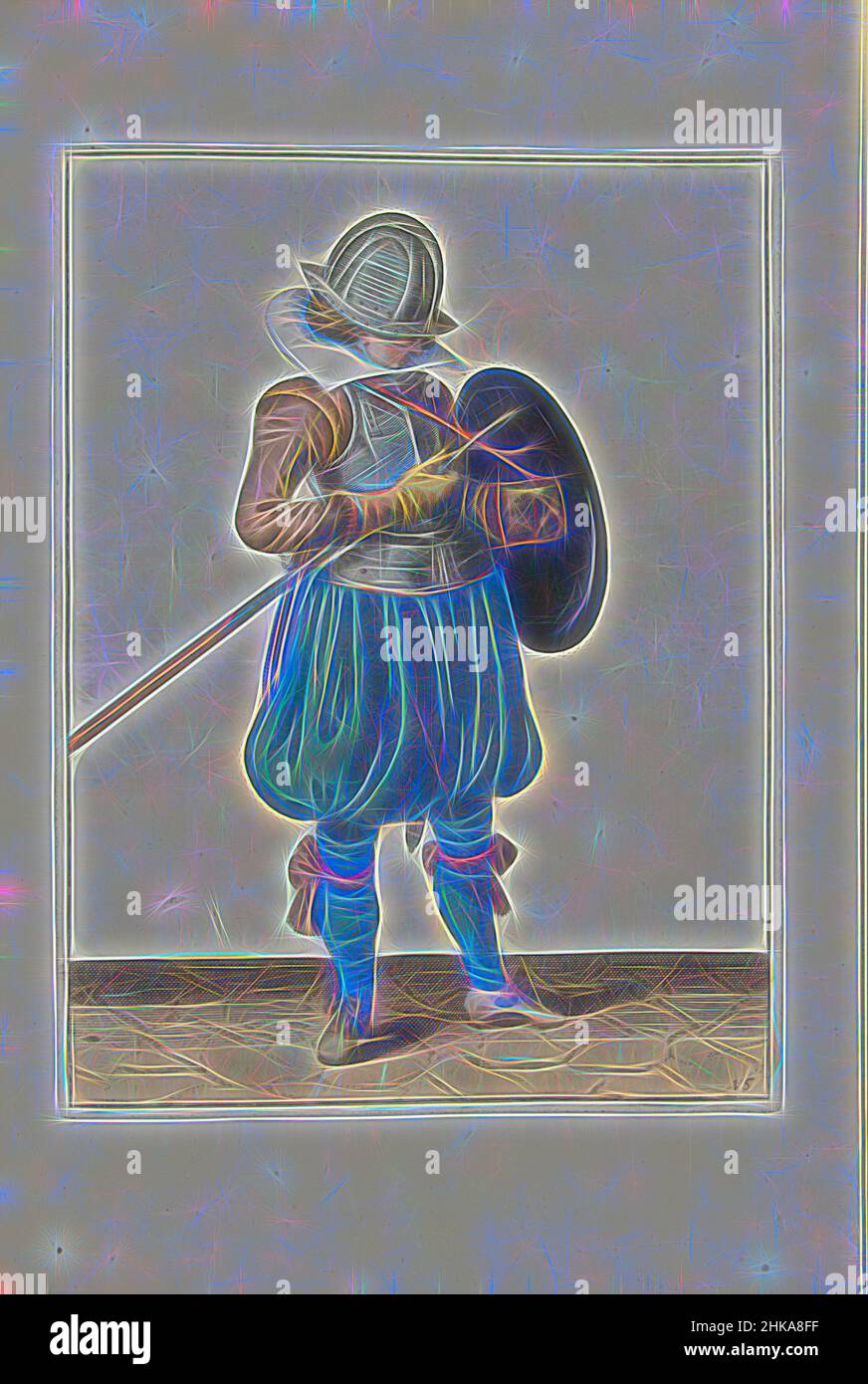 Inspiriert von der Übung mit Schild und Speer: Der Soldat hält Speer und Schild dicht am Körper (Nr. 1) 15), 1618, die Übung mit Schild und Speer: Der Soldat hält Speer und Schild nahe am Körper, 1618. Teil der Illustrationen in: Adam van Breen, Nassauische Waffenhandel, 1618, Teller, neu gestaltet von Artotop. Klassische Kunst neu erfunden mit einem modernen Twist. Design von warmen fröhlichen Leuchten der Helligkeit und Lichtstrahl Strahlkraft. Fotografie inspiriert von Surrealismus und Futurismus, umarmt dynamische Energie der modernen Technologie, Bewegung, Geschwindigkeit und Kultur zu revolutionieren Stockfoto