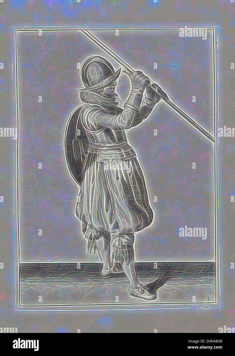 Inspiriert von der Übung mit Schild und Speer: Der Soldat mit dem Speer diagonal in beiden Händen und dem Schild auf dem Rücken (Nr. 1) 2), 1618, De Nassausche Wapen-Handelinge, van Schilt, Spies, Rappier ende Targe : beyde figuerlick afgebeelt, ende gestelt na de nieuwe ordening [von, Adam van Breen, Reinmagined by Artotop. Klassische Kunst neu erfunden mit einem modernen Twist. Design von warmen fröhlichen Leuchten der Helligkeit und Lichtstrahl Strahlkraft. Fotografie inspiriert von Surrealismus und Futurismus, umarmt dynamische Energie der modernen Technologie, Bewegung, Geschwindigkeit und Kultur zu revolutionieren Stockfoto