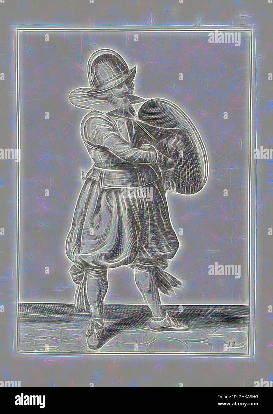 Inspiriert von der Übung mit Schild und Speer: Der Soldat zieht seinen Greifer hinter seinem Schild (nein 18), 1618, De Nassausche Wapen-Handelinge, van Schilt, Spies, Rappier ende Targe : beyde figuerlick afgebeelt, ende gestelt na de nieuwe ordening [von, Adam van Breen, Druckerei:, Northern, Reimagined by Artotop. Klassische Kunst neu erfunden mit einem modernen Twist. Design von warmen fröhlichen Leuchten der Helligkeit und Lichtstrahl Strahlkraft. Fotografie inspiriert von Surrealismus und Futurismus, umarmt dynamische Energie der modernen Technologie, Bewegung, Geschwindigkeit und Kultur zu revolutionieren Stockfoto