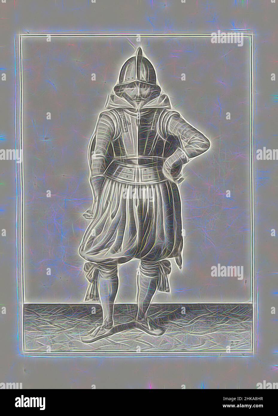 Inspiriert von der Übung mit Schild und Speer: Der Soldat steht in Ruhe mit dem Schild auf dem Rücken (Nr. 1) 27), 1618, De Nassausche Wapen-Handelinge, van Schilt, Spies, Rappier ende Targe : beyde figuerlick afgebeelt, ende gestelt na de nieuwe ordening [von, Adam van Breen, Druckerei:, Northern, Reimagined by Artotop. Klassische Kunst neu erfunden mit einem modernen Twist. Design von warmen fröhlichen Leuchten der Helligkeit und Lichtstrahl Strahlkraft. Fotografie inspiriert von Surrealismus und Futurismus, umarmt dynamische Energie der modernen Technologie, Bewegung, Geschwindigkeit und Kultur zu revolutionieren Stockfoto