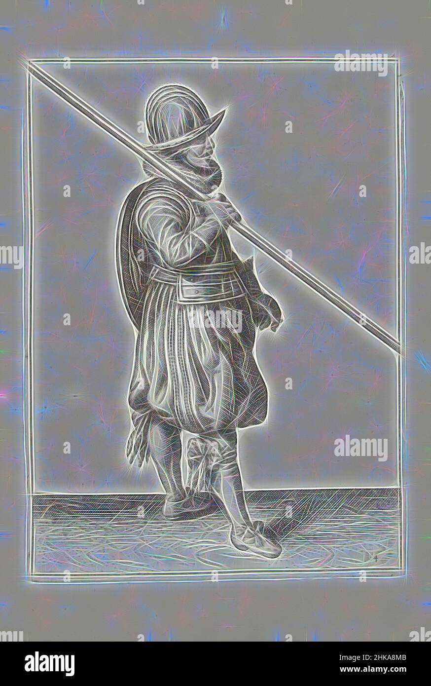 Inspiriert von der Übung mit Schild und Speer: Der Soldat mit dem Speer in der sicheren Position beim Marsch (nein 4), 1618, De Nassausche Wapen-Handelinge, van Schilt, Spies, Rappier ende Targe : beyde figuerlick afgebeelt, ende gestelt na de nieuwe ordening [von, Adam van Breen, Druckerei, Neuerschaffung von Artotop. Klassische Kunst neu erfunden mit einem modernen Twist. Design von warmen fröhlichen Leuchten der Helligkeit und Lichtstrahl Strahlkraft. Fotografie inspiriert von Surrealismus und Futurismus, umarmt dynamische Energie der modernen Technologie, Bewegung, Geschwindigkeit und Kultur zu revolutionieren Stockfoto