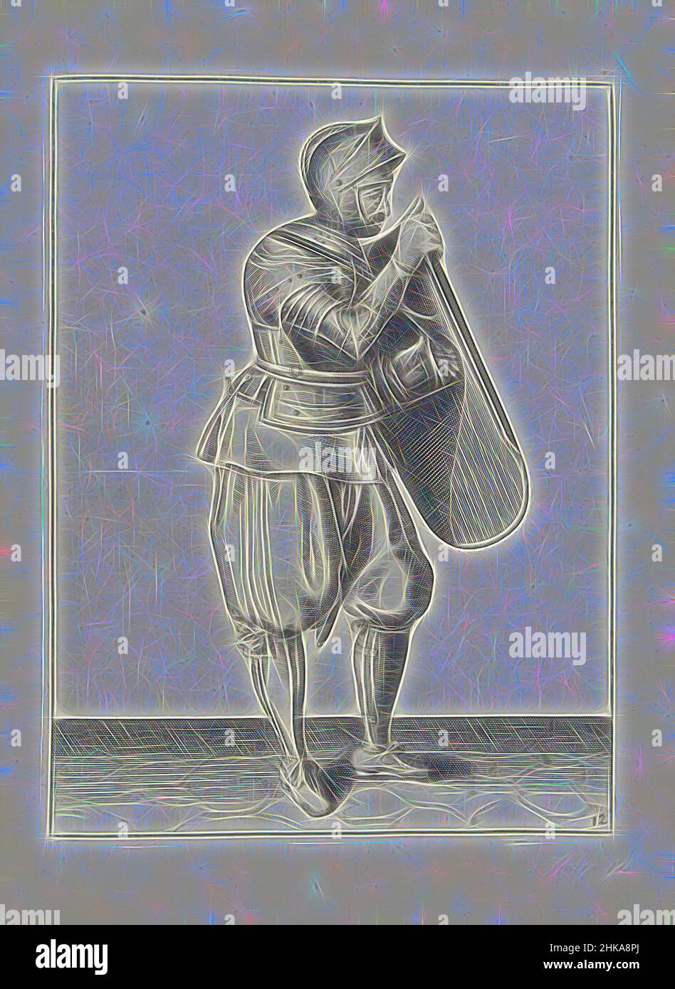 Inspiriert von der Übung mit Targe und Rapier: Der Soldat löst seine Hand aus dem Gürtel der Targe, (nein 12), 1618, De Nassausche Wapen-Handelinge, van Schilt, Spies, Rappier ende Targe : beyde figuerlick afgebeelt, en gestelt na de nieuwe ordening [von, Adam van Breen, Druckerei:, Northern, Reimagined by Artotop. Klassische Kunst neu erfunden mit einem modernen Twist. Design von warmen fröhlichen Leuchten der Helligkeit und Lichtstrahl Strahlkraft. Fotografie inspiriert von Surrealismus und Futurismus, umarmt dynamische Energie der modernen Technologie, Bewegung, Geschwindigkeit und Kultur zu revolutionieren Stockfoto