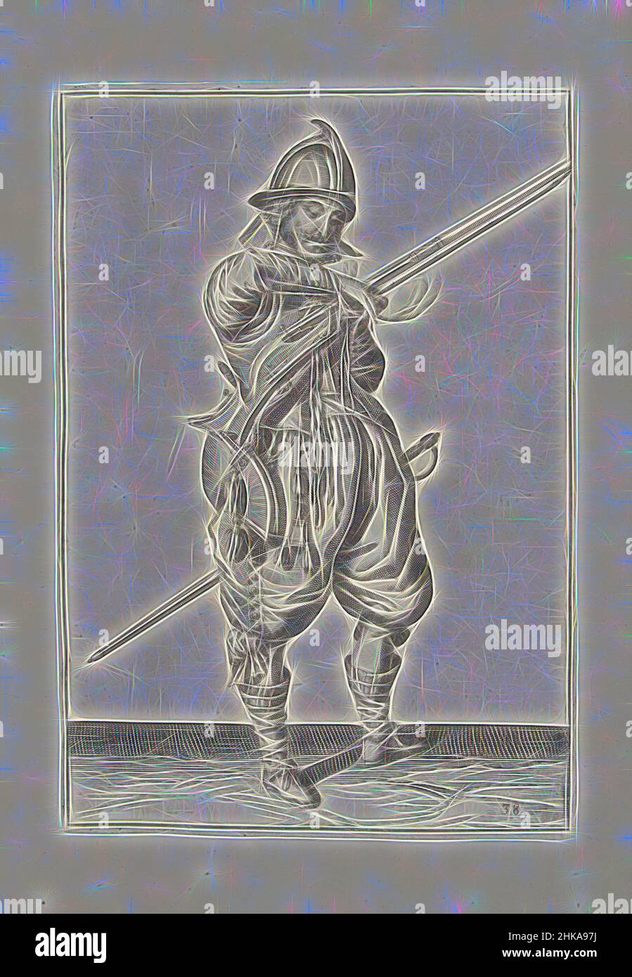 Inspiriert von einem Soldaten auf der Wache mit einem Ruder, das seine Sicherung ergreifte (Nr. 38), c. 1600, Ein Soldat auf der Wache, in voller Länge, rechts, mit der linken Hand ein Ruder (eine bestimmte Art von Feuerwaffe) haltend. In seiner linken Hand befindet sich neben dem Ruder eine brennende Sicherung (Nr. 1) 38), c. 1600. Mit seinem Recht, von Artotop neu erfunden. Klassische Kunst neu erfunden mit einem modernen Twist. Design von warmen fröhlichen Leuchten der Helligkeit und Lichtstrahl Strahlkraft. Fotografie inspiriert von Surrealismus und Futurismus, umarmt dynamische Energie der modernen Technologie, Bewegung, Geschwindigkeit und Kultur zu revolutionieren Stockfoto