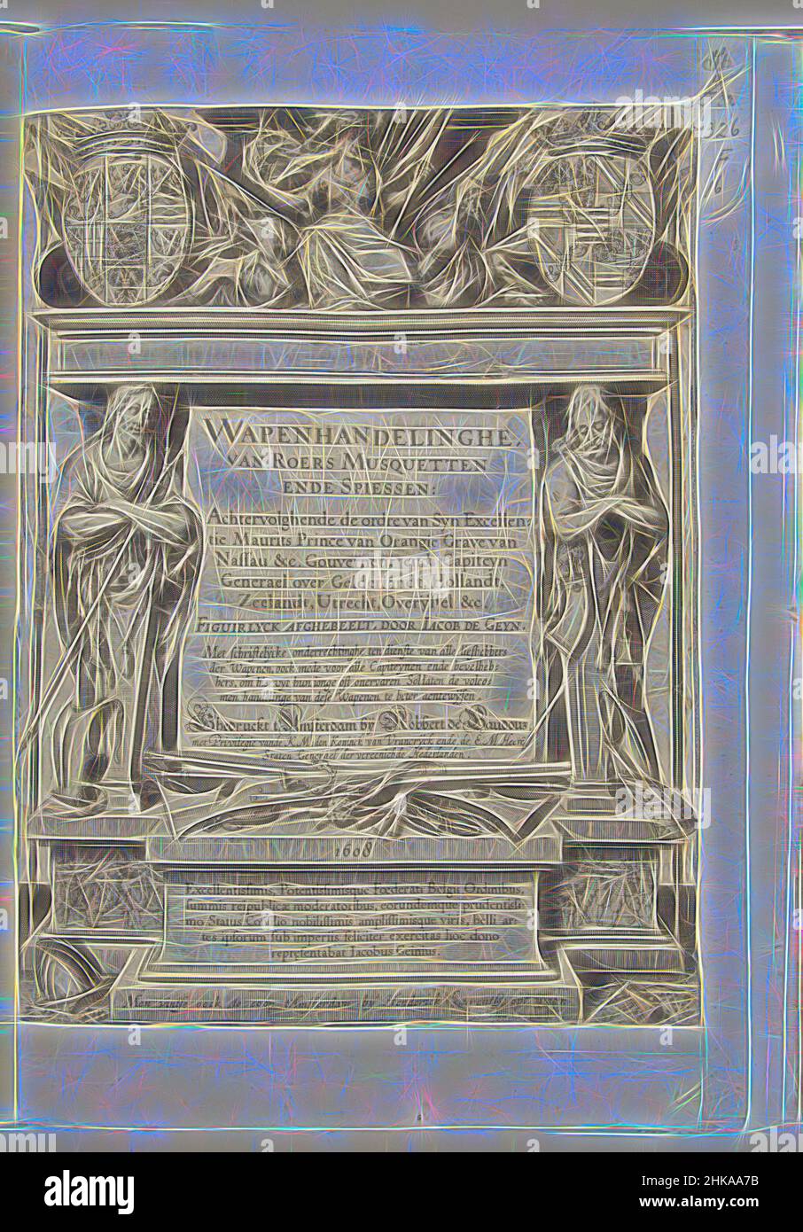 Inspiriert von der Titelseite von Jacob de Gheyns Wapenhandelinghe van Roers Musquetten ende spiessen, 1608, Wapenhandelinghe van Roers, Musquetten ende Spiessen: Achtervolghende de ordre van (...) Maurits Prince van Orangie (...) Figuirlyck afghebeelt door Iacob de Geyn, Titelseite für Jacob de Gheyns, neu gestaltet von Artotop. Klassische Kunst neu erfunden mit einem modernen Twist. Design von warmen fröhlichen Leuchten der Helligkeit und Lichtstrahl Strahlkraft. Fotografie inspiriert von Surrealismus und Futurismus, umarmt dynamische Energie der modernen Technologie, Bewegung, Geschwindigkeit und Kultur zu revolutionieren Stockfoto