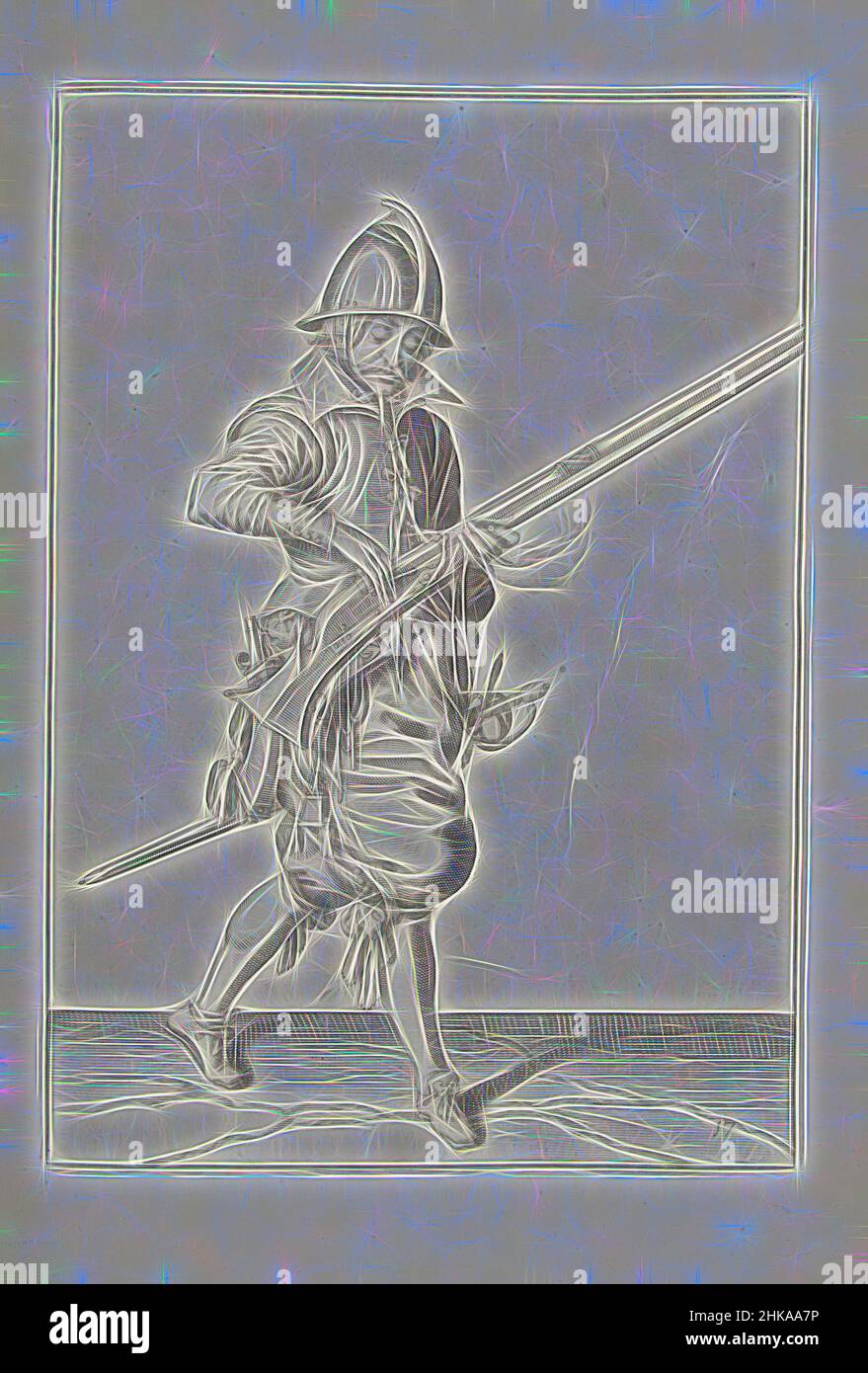 Inspiriert von Soldier, der die Pfanne seines Steuerruders schließt (Nr. 17), c. 1600, Ein Soldat, in voller Länge, rechts, schließt die Pfanne (das Pulverreservoir) seines Steuerruders (eine bestimmte Art von Schusswaffe) mit seiner rechten Hand (Nr. 1) 17), c. 1600. In seiner linken Hand neben dem Steuerruder eine brennende Sicherung. Platte 17 in der, neu erfunden von Artotop. Klassische Kunst neu erfunden mit einem modernen Twist. Design von warmen fröhlichen Leuchten der Helligkeit und Lichtstrahl Strahlkraft. Fotografie inspiriert von Surrealismus und Futurismus, umarmt dynamische Energie der modernen Technologie, Bewegung, Geschwindigkeit und Kultur zu revolutionieren Stockfoto