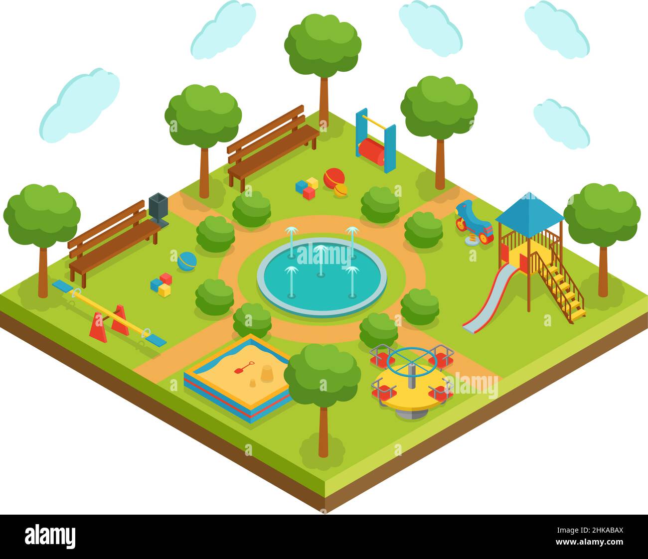 Isometrischer Kinderspielplatz mit Springbrunnen, Vektorgrafik Stock Vektor