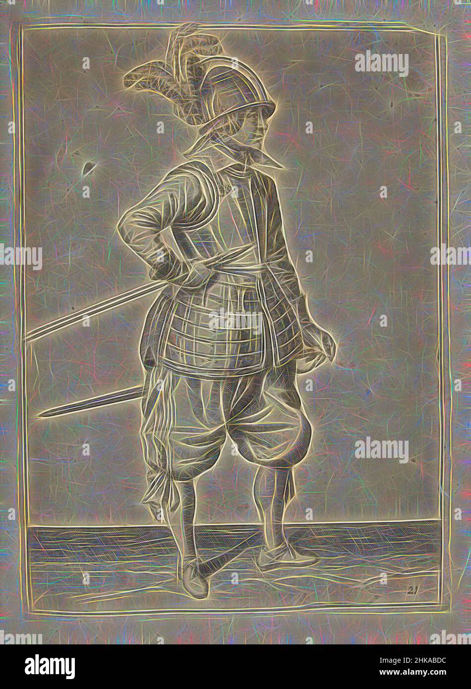 Inspiriert von Soldier, der seinen Speer mit seiner rechten Hand an seiner rechten Seite trägt, hebt sich der Punkt diagonal und in der Nähe seines Bauches (nein 21), c. 1600, Ein Soldat, ganz lang, nach rechts, der seinen Speer (Lanze) mit der rechten Hand an der rechten Seite trägt, der Punkt schräg und in der Nähe seines Bauches angehoben (nein, von Artotop neu erfunden. Klassische Kunst neu erfunden mit einem modernen Twist. Design von warmen fröhlichen Leuchten der Helligkeit und Lichtstrahl Strahlkraft. Fotografie inspiriert von Surrealismus und Futurismus, umarmt dynamische Energie der modernen Technologie, Bewegung, Geschwindigkeit und Kultur zu revolutionieren Stockfoto