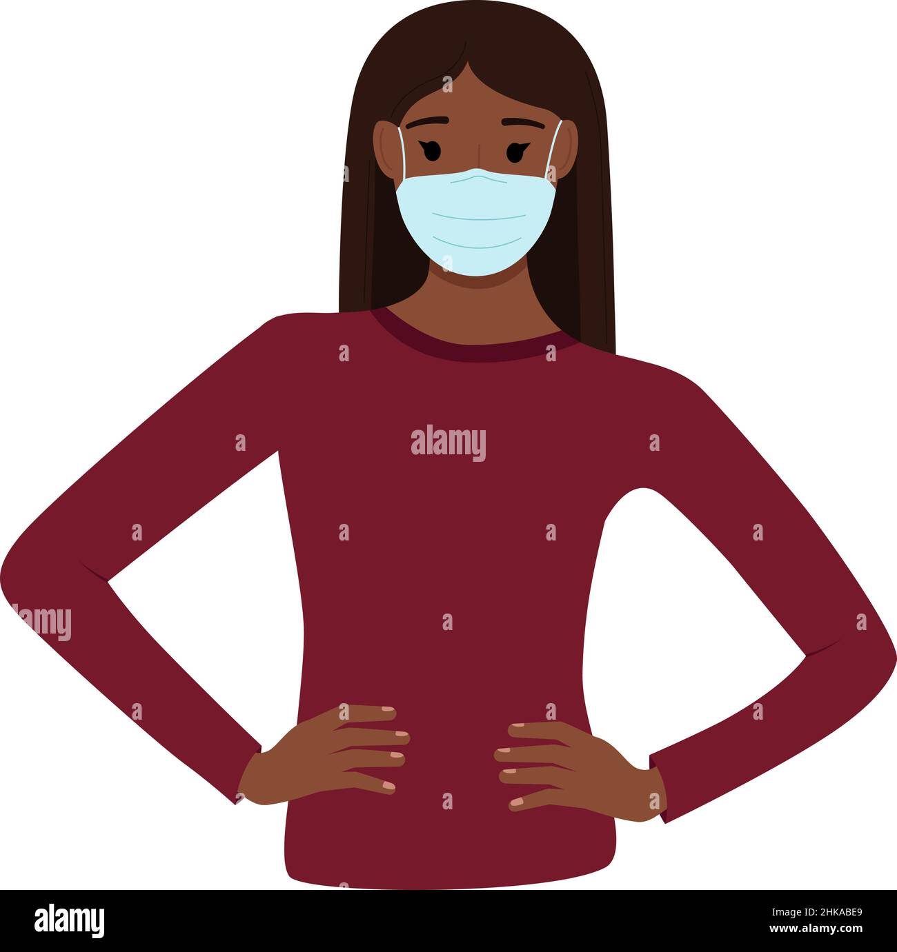 Dunkelhäutige Frau in medizinischer Maske zum Schutz vor Viren auf weißem Hintergrund, Vektorgrafik Stock Vektor